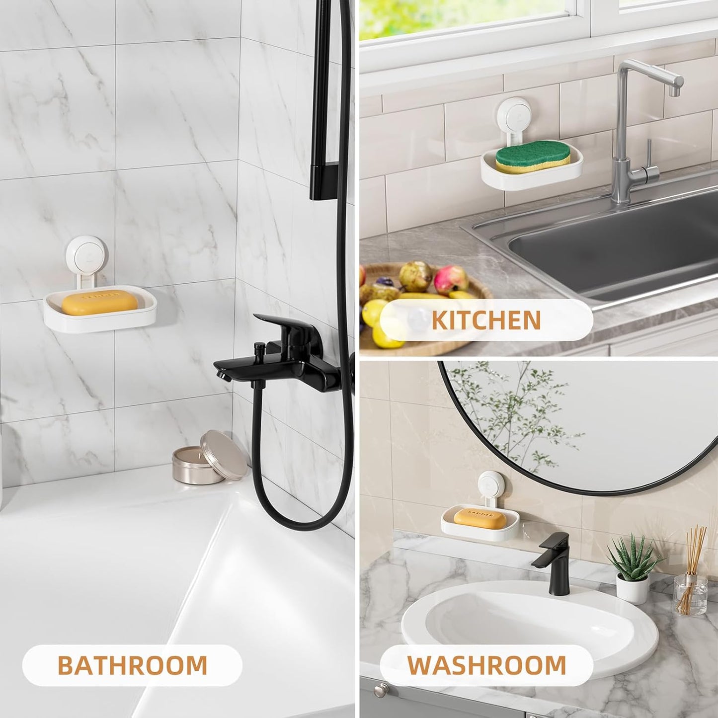 LEVERLOC Soap Dish Holder for Shower Suction Cup Wall Mounted Self Draining NO-Drilling Removable Bar Soap Sponge Holder for Bathroom Bathtub Kitchen Sink Waterproof Strong Vacuum Suction Adhesion