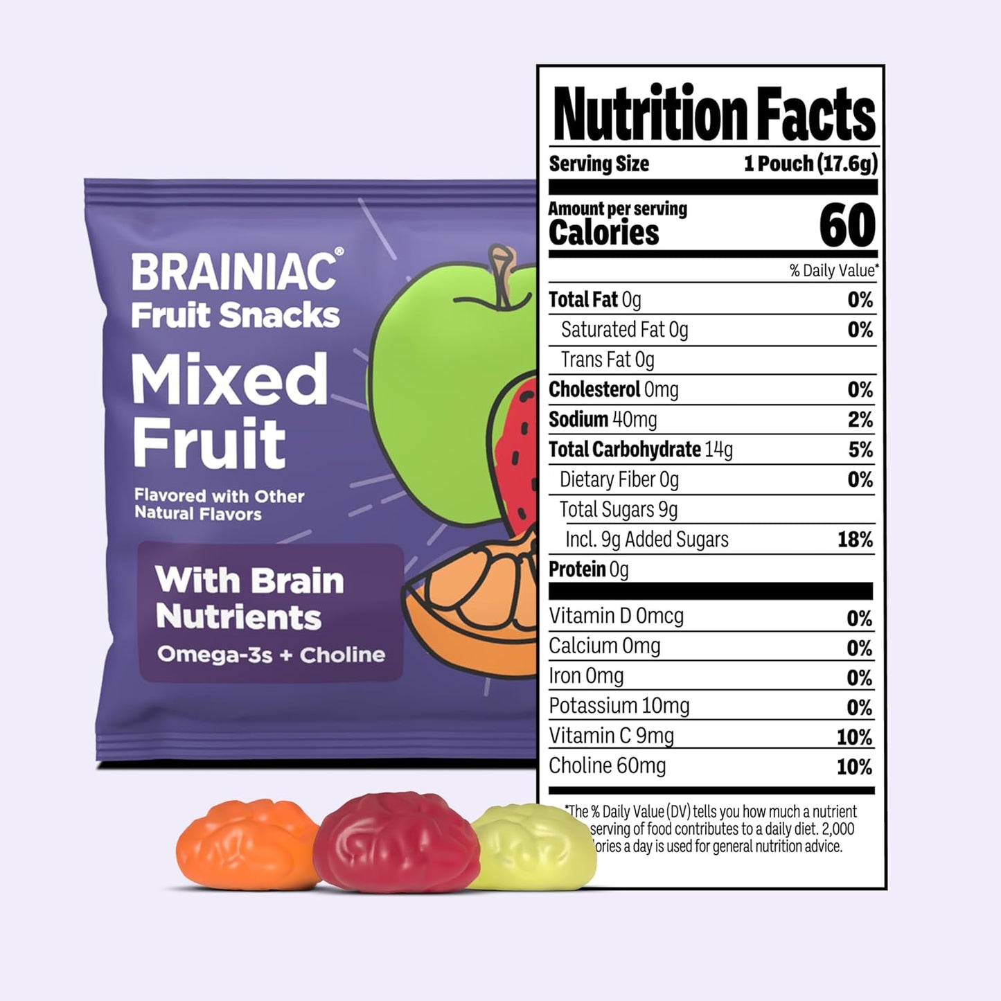 Brainiac Fruit Snacks, Brain Boosting Patented BrainPack Ingredients with Omega-3s DHA/EPA and Choline, Functional & Nutritious Snacks for toddlers and kids, Mixed Fruit, 40 count