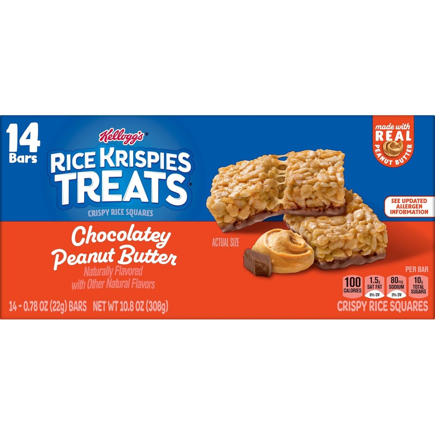 Rice Krispies Treats Crispy Rice Squares, Snack Bars, Chocolatey Peanut Butter, 10.8oz Box (14 Count)