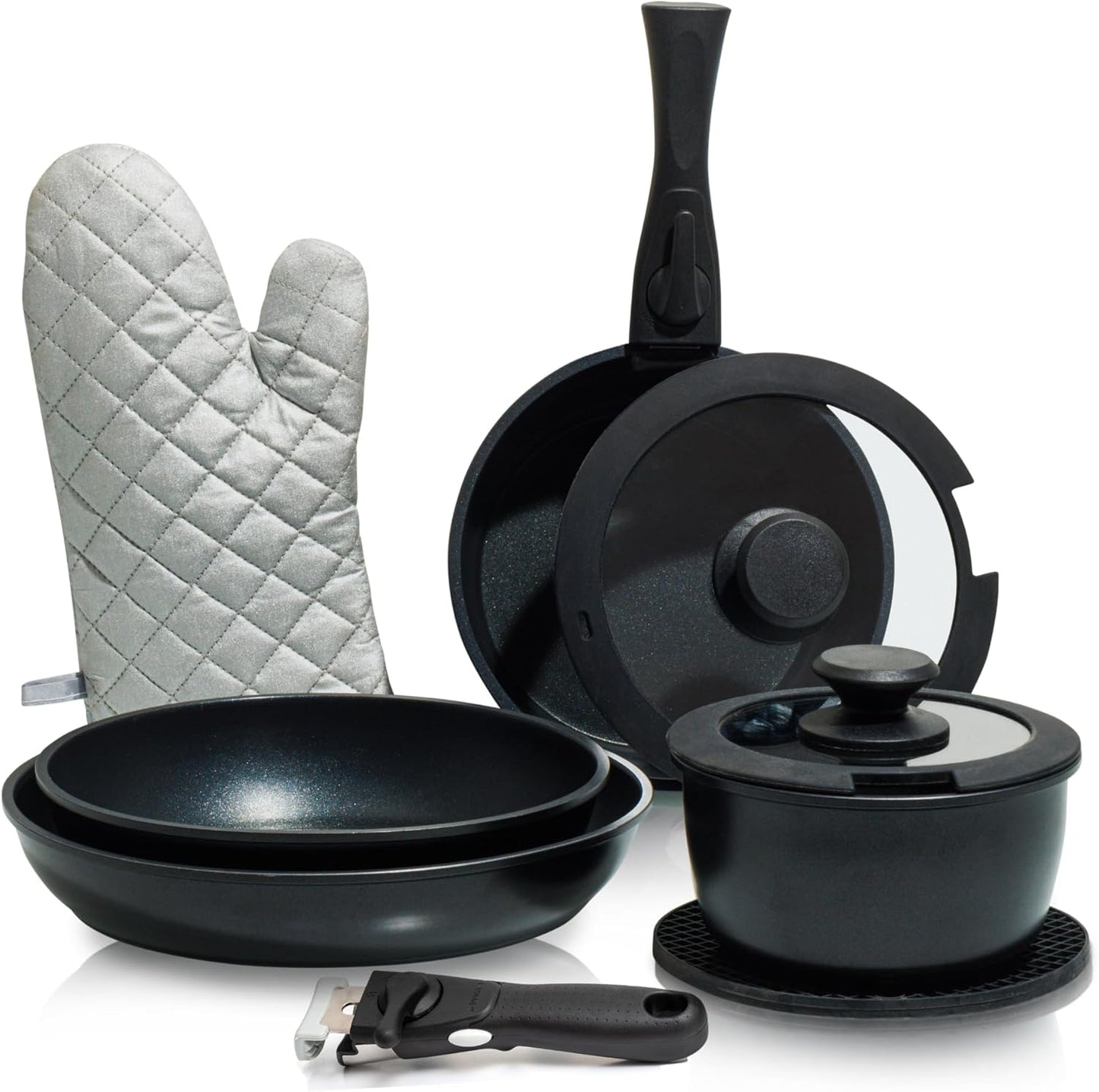 Moss & Stone Copper Pots And Pans Set Nonstick, Removable Handle Cookware, Stackable Pots And Pans Set, Dishwasher safe, Induction Pots And Pans, Camping Cookware Set, Aluminum (7 Pcs)