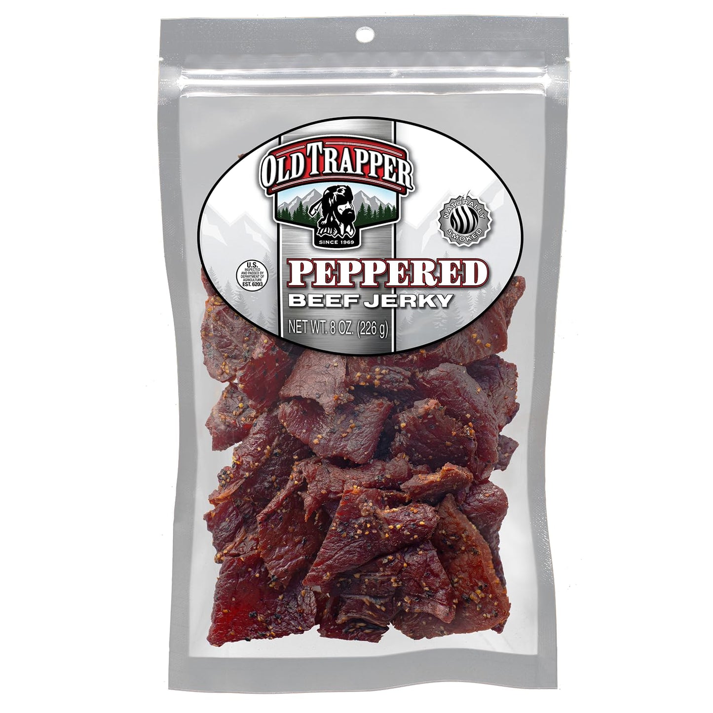 Old Trapper Beef Jerky, Old-Fashioned 8 Ounce Bag, Tender Meat Snacks for Lunches or Between Meals, 11 Grams of Protein, Zero Grams of Fat, and 70 Calories per Serving (Pack of One)