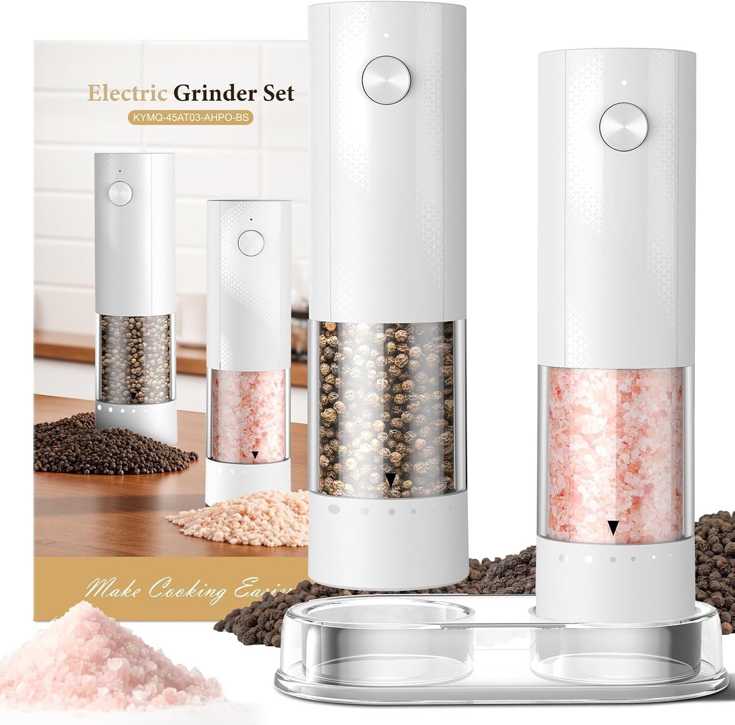 Electric Salt and Pepper Grinder Set - Rechargeable Automatic Salt and Pepper Shakers, Kitchen Appliances with External Adjustable Coarseness, Larger Hopper for Christmas Gifts(2 Pack,Black/Black)