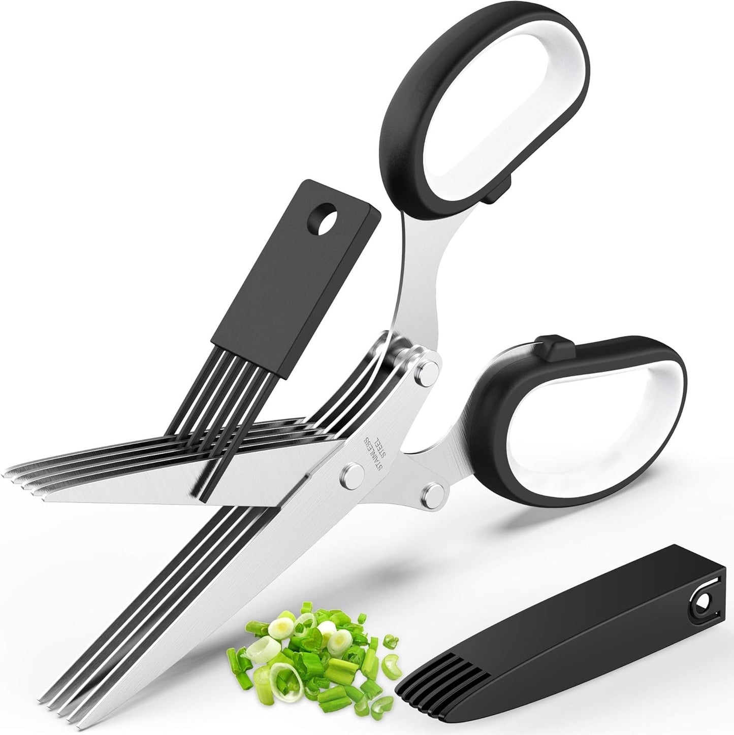 Herb Scissors Set - Updated 2025 Cool Kitchen Gadgets for Cutting Fresh Garden Herbs - Herb Cutter Shears with 5 Blades and Cover, Sharp and Anti-rust Stainless Steel, Dishwasher Safe (Green-White)