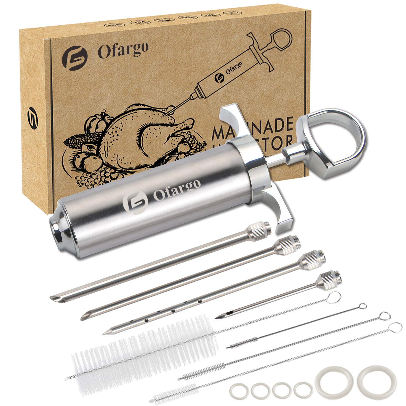 Ofargo Stainless Steel Meat Injector Syringe Kit with 4 Marinade Needles for BBQ Grill Smoker, Valentines Day Gifts for Men Dad Husband Him, 2-oz Large Capacity, Both Paper User Manual and E-Book Recipe
