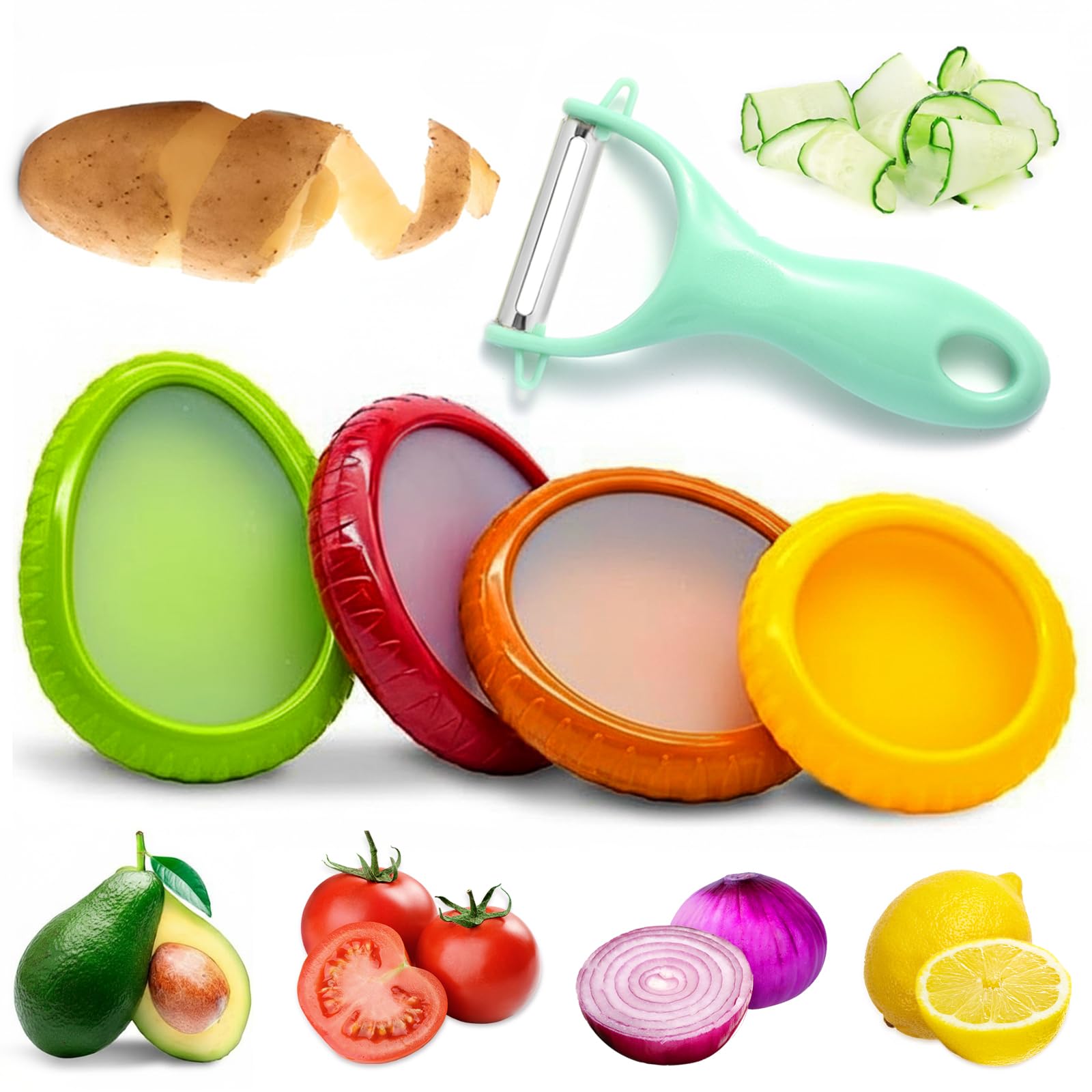 5PCS Avocado Saver & Produce Saver Set – 4 Reusable Silicone Fruit Storage Pods + Fruit Peeler, Tomato Holder, Onion Keeper, Lemon Saver for Fridge, Office Snacks & Camping