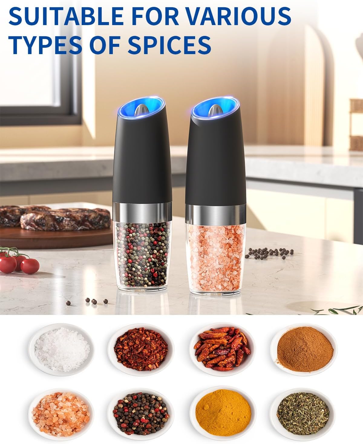 CIRCLE JOY Gravity Electric Salt and Pepper Grinder Set – Automatic LED Light Salt & Pepper Mills