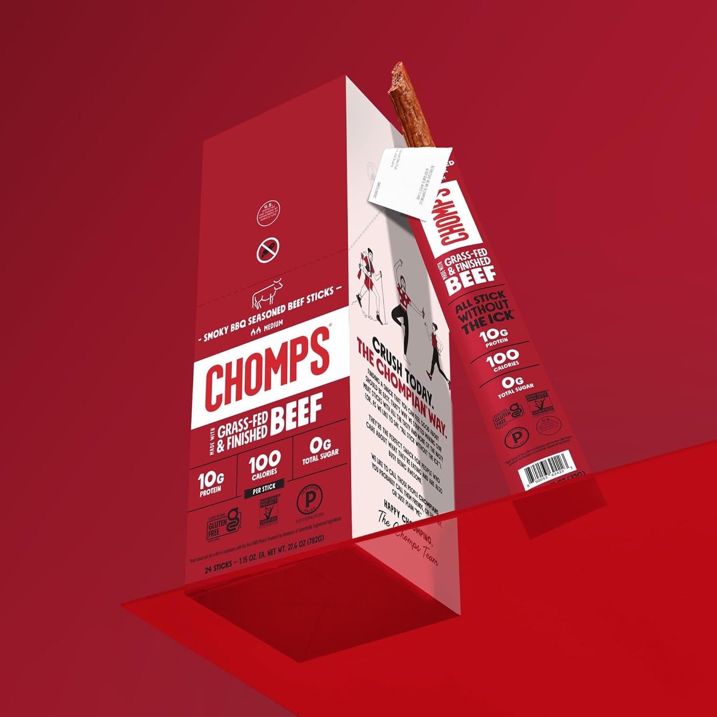 Chomps Grass-Fed and Finished Smoky BBQ Beef Jerky Snack Sticks 10-Pack - Keto, Paleo, Whole30, 10g Lean Meat Protein, Gluten-Free, Zero Sugar Food, Non-GMO