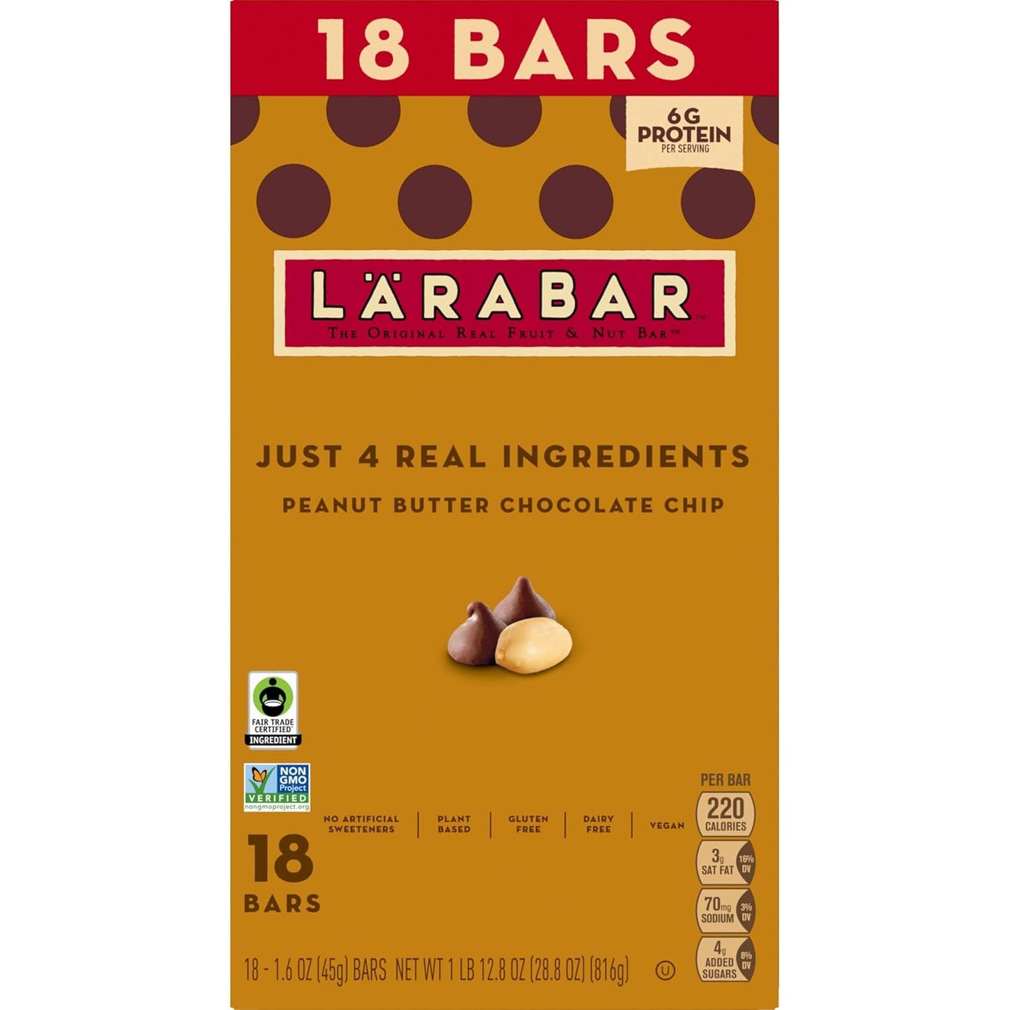 larabar peanut butter chocolate chip bars, 28.8 oz, 18 ct, gluten free, vegan