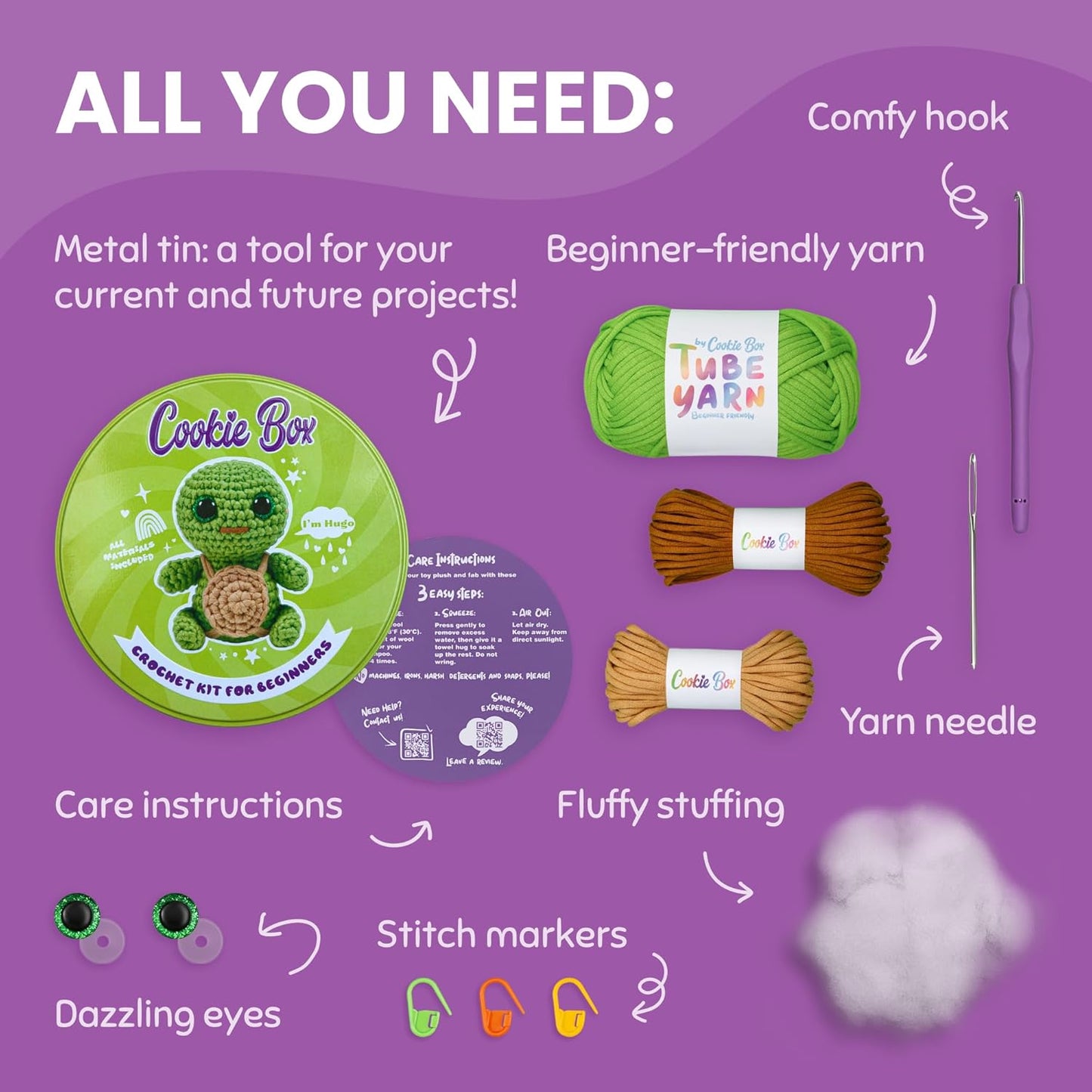 Cookie Box Crochet Kit for Beginners – Gift Set to Make Turtle Hugo Amigurumi Plushie – Easy DIY Crochet & Knitting Starter Kit with Video and PDF Tutorials