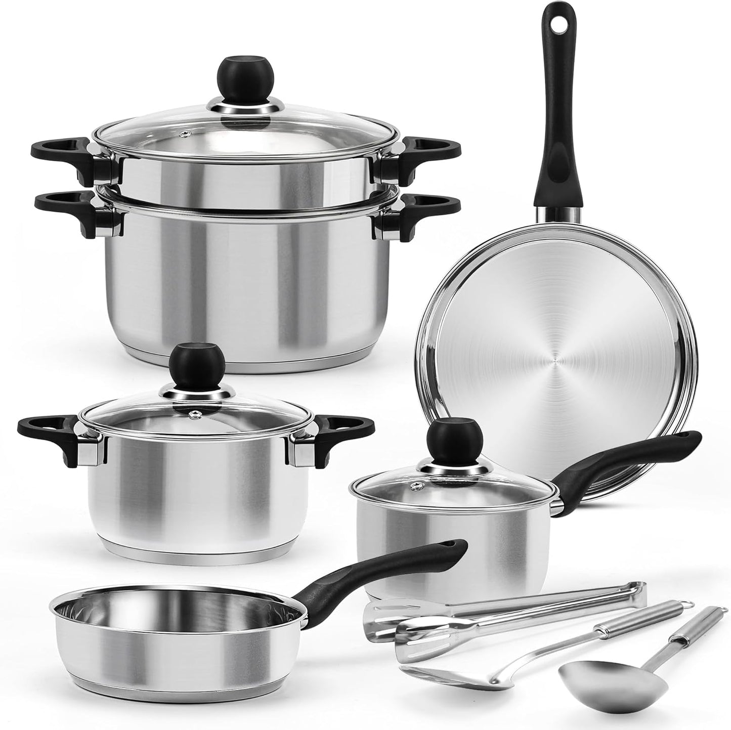 Stainless Steel Pots and Pans Set, 6 Piece Kitchen Induction Cookware Sets with Glass Lids, Works with Induction, Electric and Gas Cooktops, Non Toxic, Oven & Dishwasher Safe