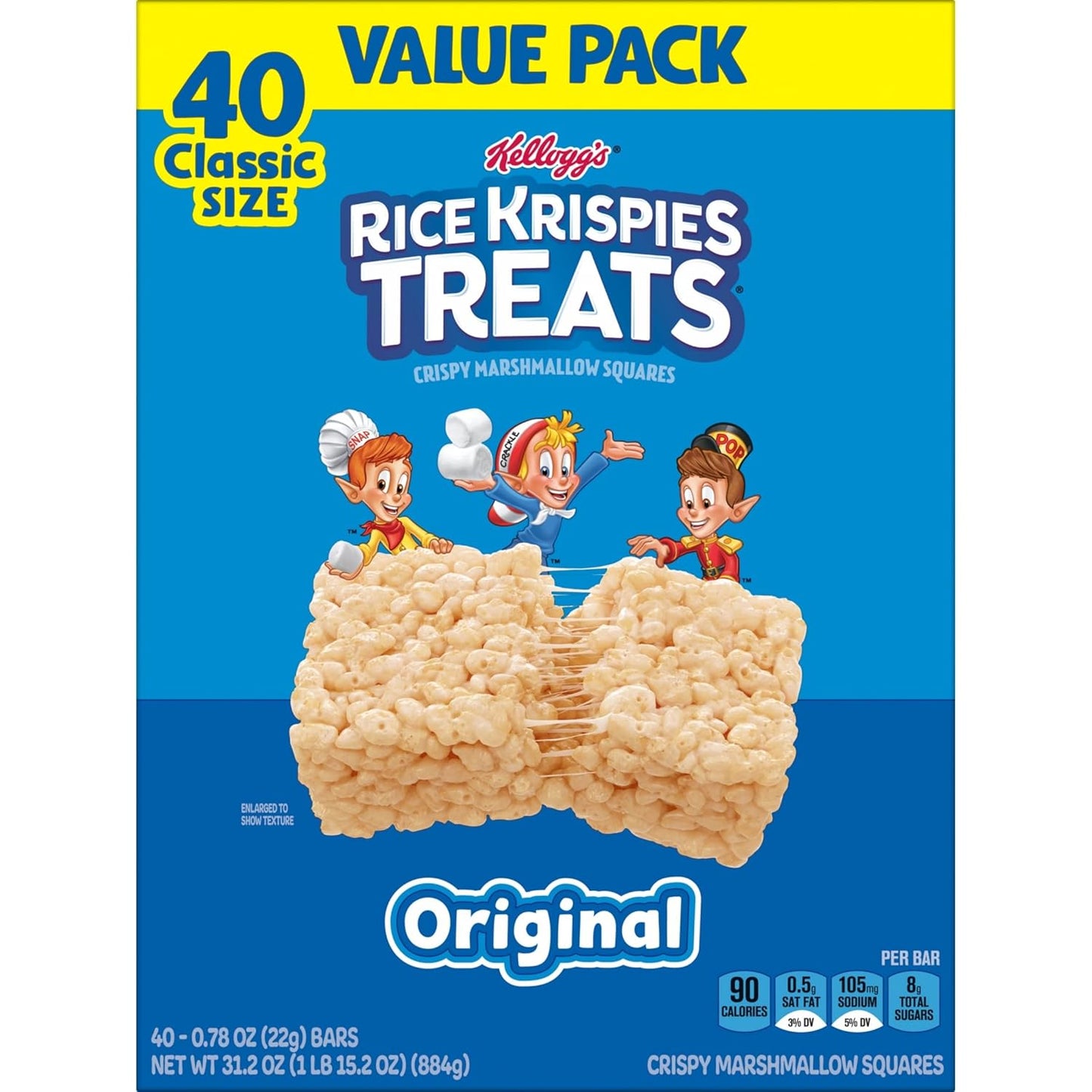Rice Krispies Treats Crispy Marshmallow Squares, Kids Snacks, Snack Bars, Original, 31.2oz Box (40 Bars)