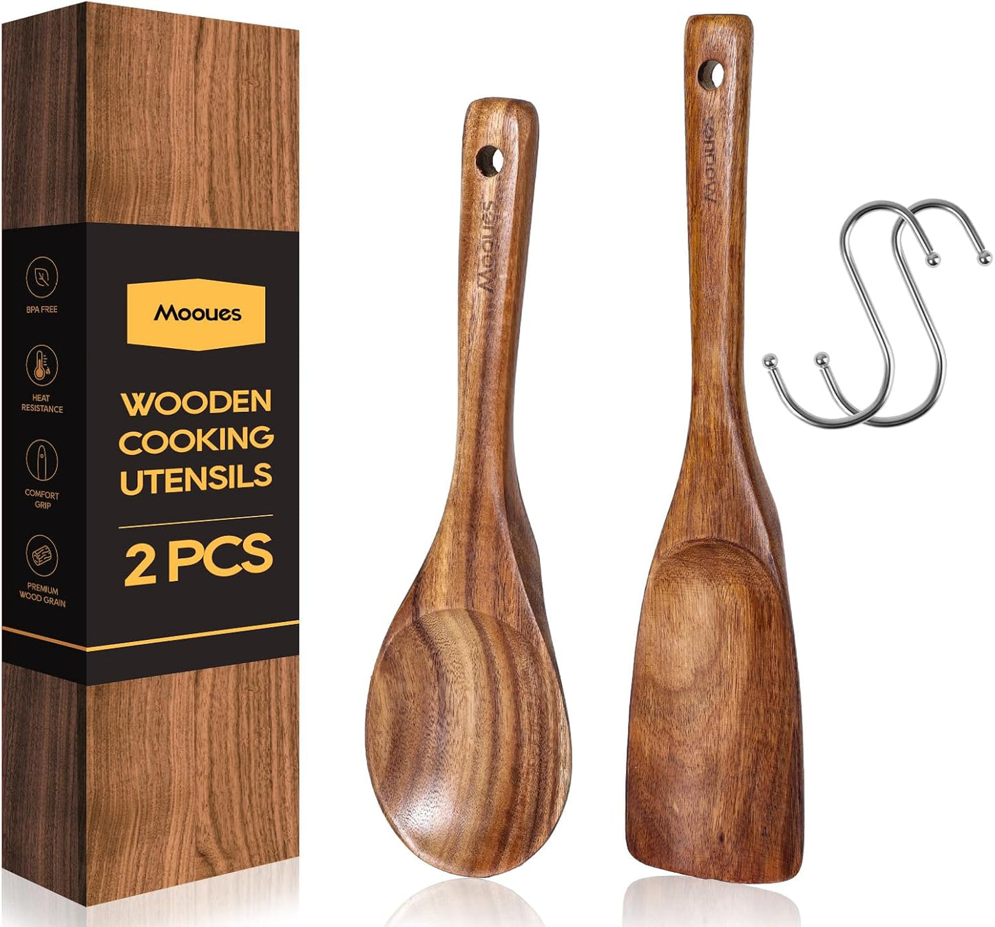 9‑Piece Natural Teak Wooden Kitchen Utensil Set with Spoon Rest and Holder
