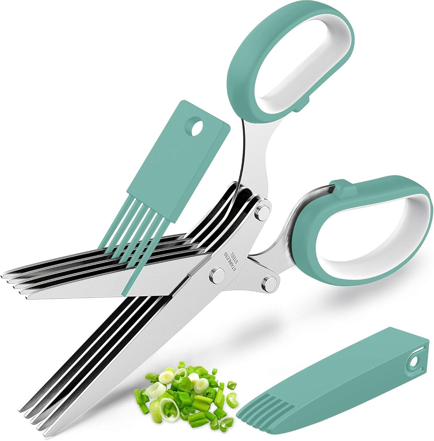 Herb Scissors Set - Updated 2025 Cool Kitchen Gadgets for Cutting Fresh Garden Herbs - Herb Cutter Shears with 5 Blades and Cover, Sharp and Anti-rust Stainless Steel, Dishwasher Safe (Green-White)