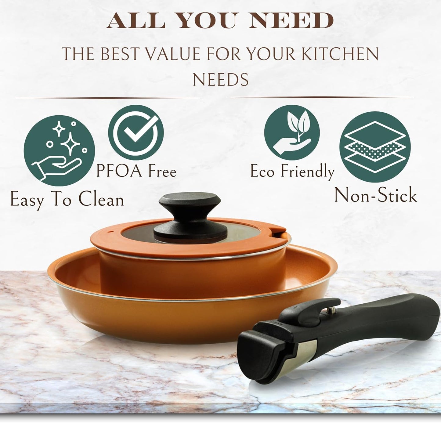 Moss & Stone Copper Pots And Pans Set Nonstick, Removable Handle Cookware, Stackable Pots And Pans Set, Dishwasher safe, Induction Pots And Pans, Camping Cookware Set, Aluminum (7 Pcs)
