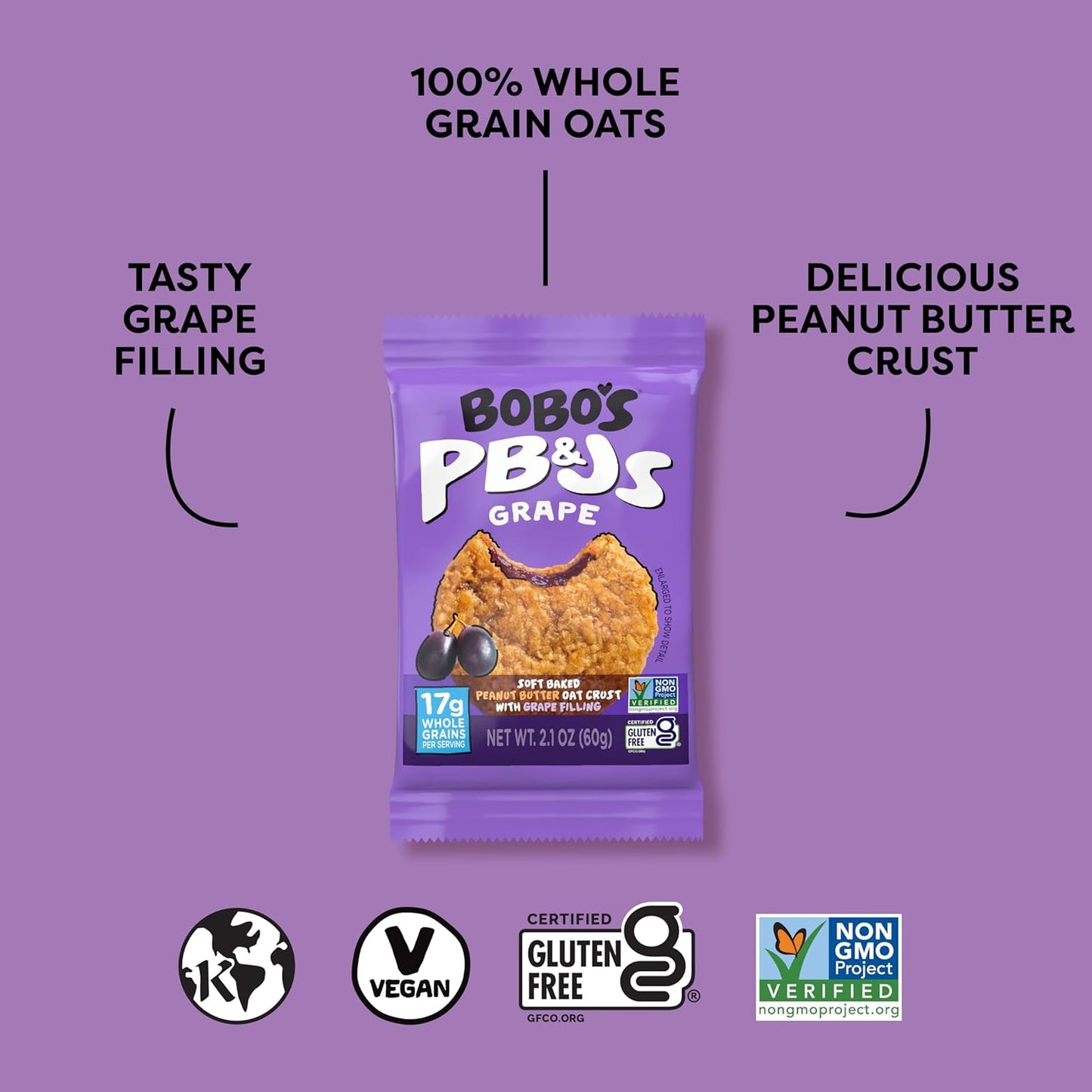 Bobo's Grape PB&J Oat Snacks, Simple Ingredients, Whole Grain Oats, Plant Based, Non-GMO, Gluten Free Breakfast Bars, Healthy Snacks for Adults & Kids (24 Snacks)