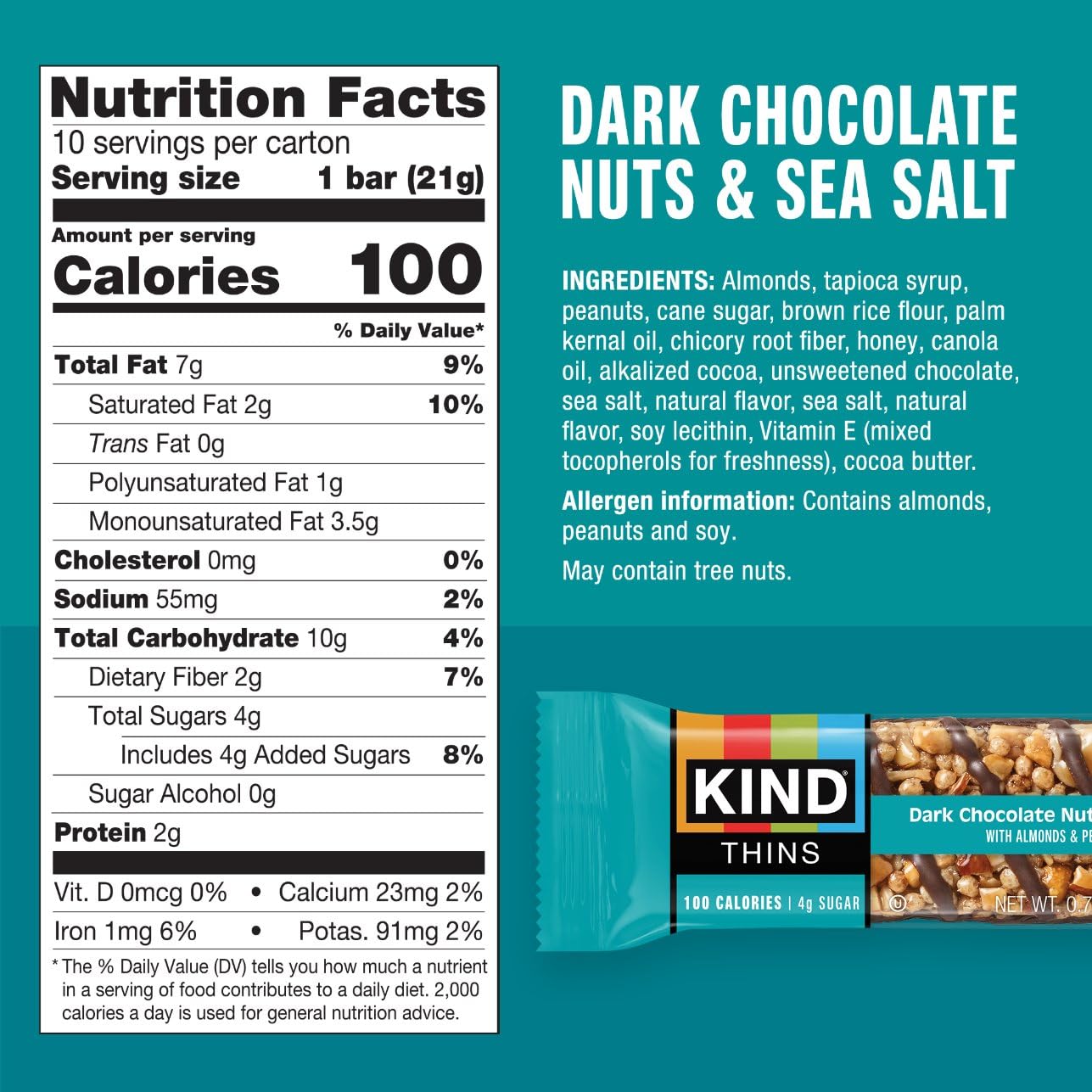 KIND Thins Snack Bars, Dark Chocolate Nuts & Sea Salt, Gluten Free, Low Calorie, Healthy Snacks, 4g Sugar, 10 Count