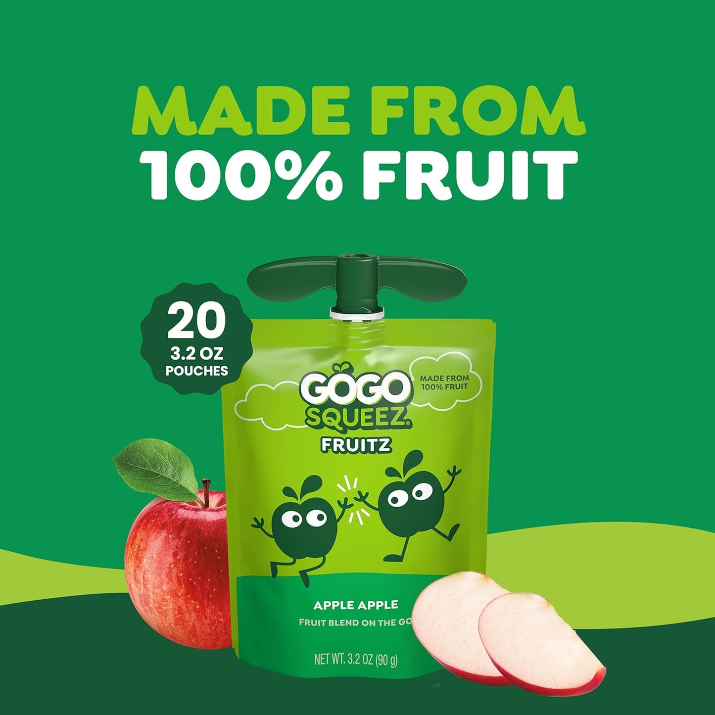 gogo squeeZ fruit on the go, apple apple, 3.2 oz, unsweetened, gluten free, nut free, recloseable, bpa free, pack of 20