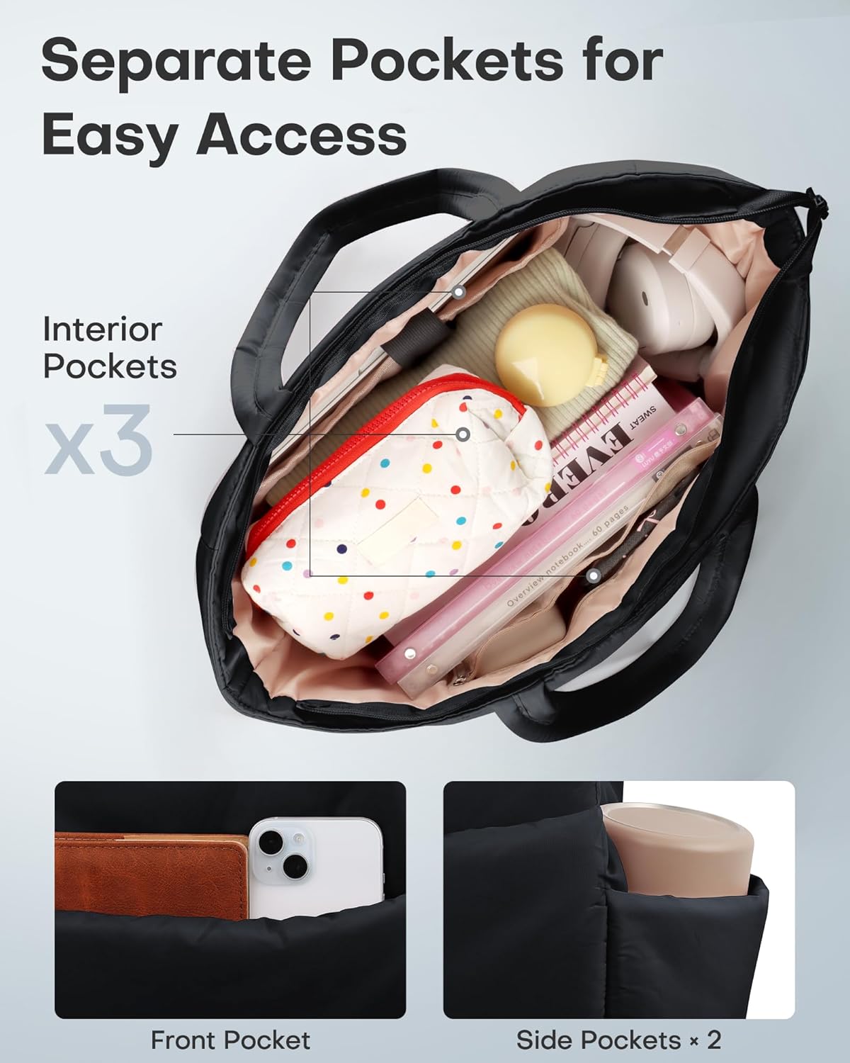 HOTOR Puffer Tote Bag for Women, Nurses - Multi-Pocket Lightweight Bag for Work - Quilted Handbag for Travel and Gym