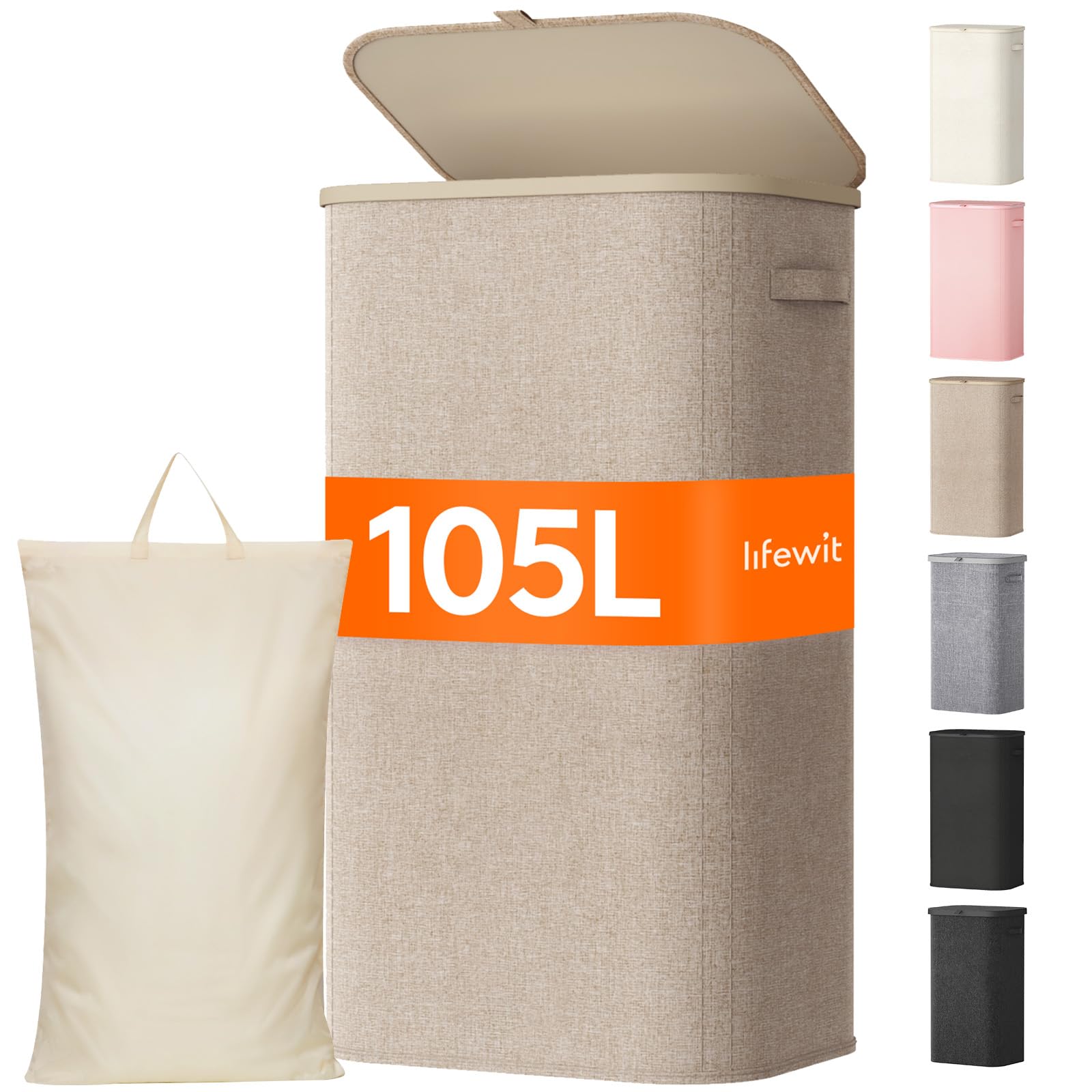 Lifewit 105L Large Laundry Basket with Lid, Laundry Hamper with Plastic Handles and Removable Bag, Foldable Tall Dirty Clothes Hampers for Laundry for Laundry Room, Bedroom, Bathroom, Dorm, Beige