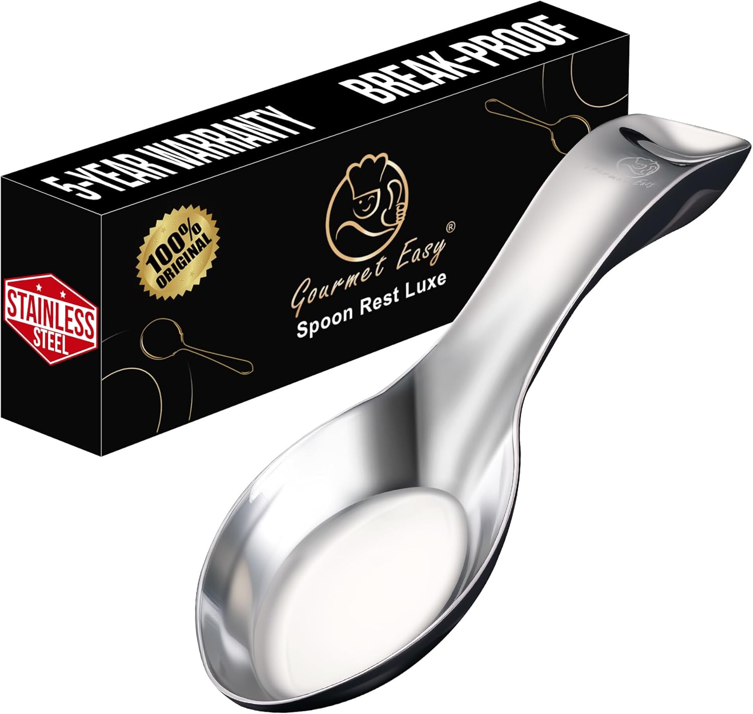 Break-Proof Kitchen Spoon Rest for Stove Top – Premium Stainless Steel Spoon Holder for Kitchen Counter – Mirror-Polished, Heavy-Duty with a Luxury Look – Dishwasher Safe & 5-Year Warranty