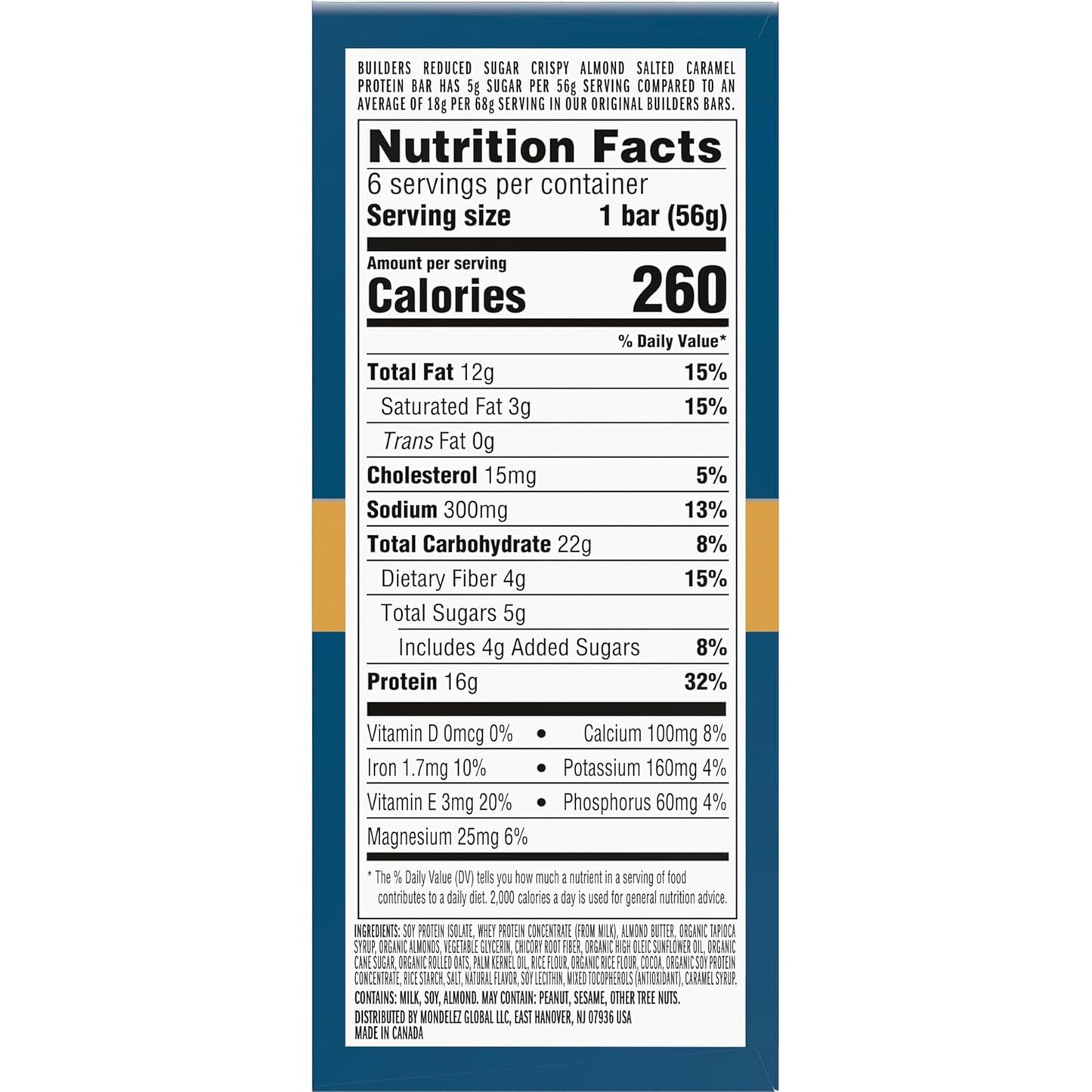 CLIF BUILDERS Protein Bars - Crispy Almond Salted Caramel - Reduced Sugar - Gluten Free - 16g Protein - No Artificial Sweeteners - 1.97 oz. (6 Pack)