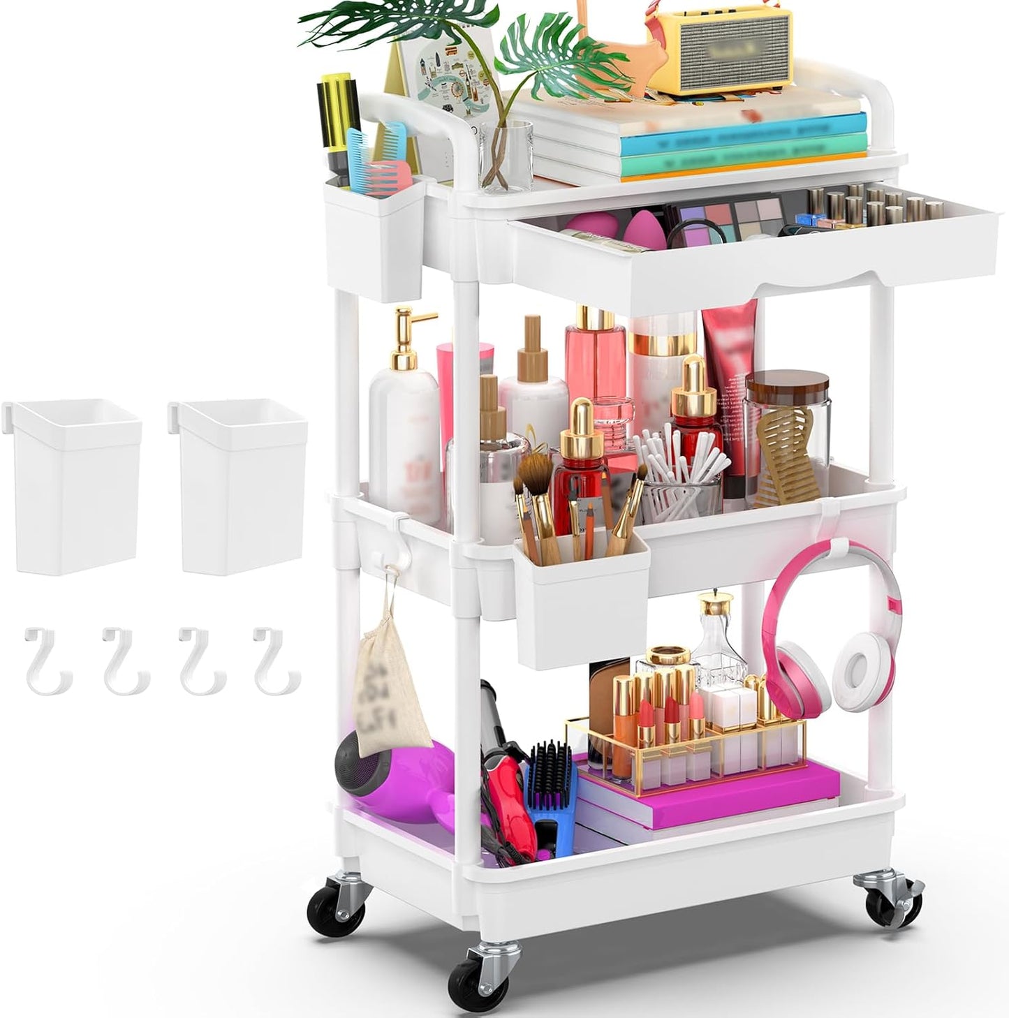 Goovilla 3 Tier Rolling Utility Cart Organizer with Removable Drawer, Stable and Sturdy Black Rolling Storage Carts with 2 Lockable Wheels for Bathroom, Kitchen, Snack, Craft, Makeup, Baby Essentials