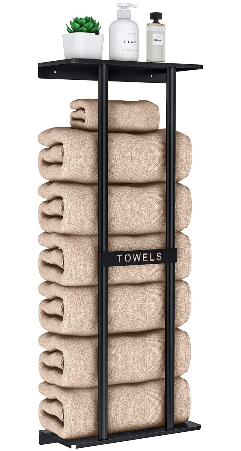 Towel Racks for Bathroom, Bathroom Towel Storage Wall Mounted 30 inch with Shelf Can Holds 6 Large Towels, Wall Towel Rack for Rolled Towels, Black