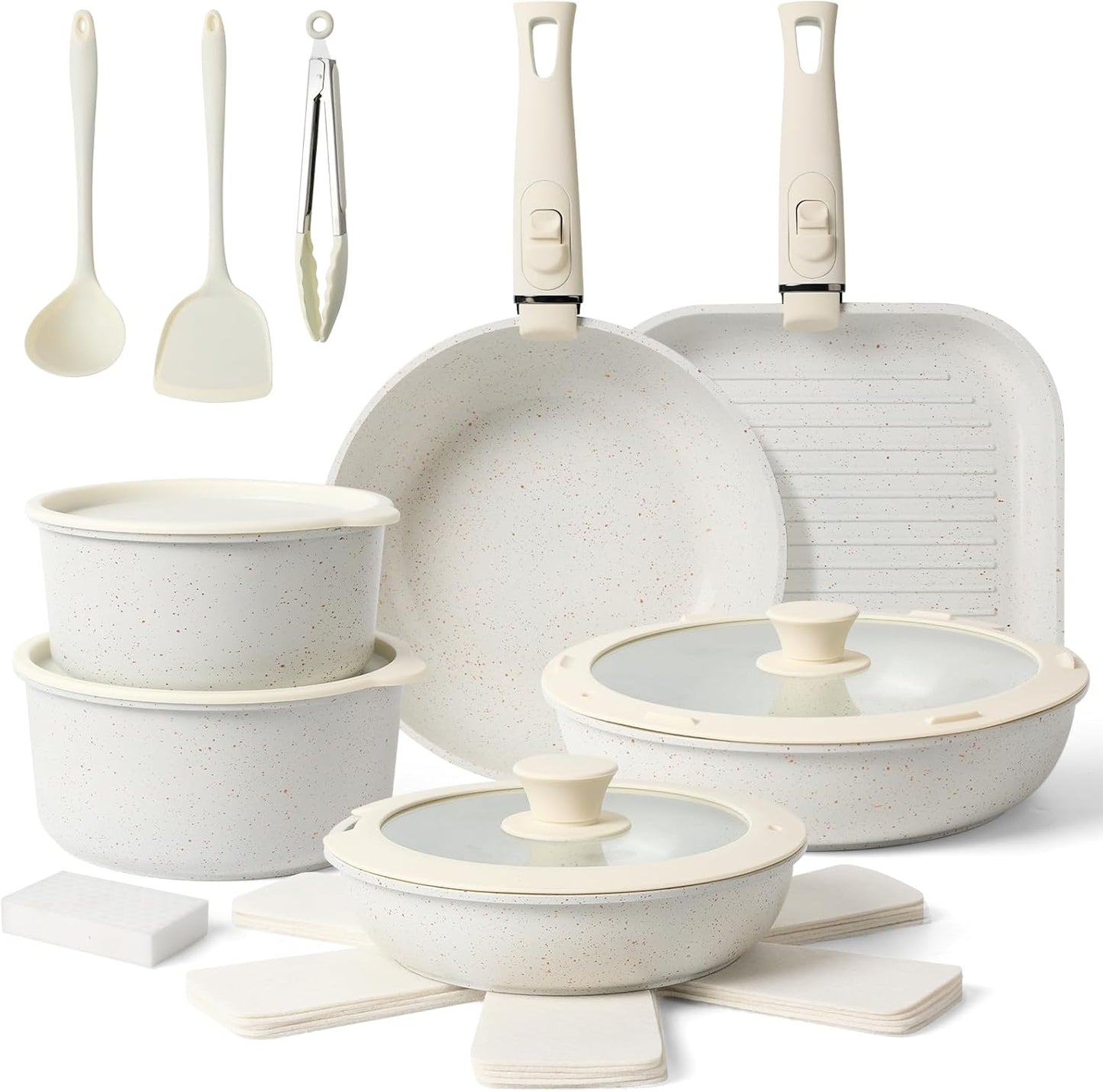 Pots and Pans Set Non Stick, Ceramic Cookware Set Nonstick Frying Pans 5 Pcs-Non Toxic PFAS/PFOA/PTFE Free, with Detachable Handle for RV Kitchen, Induction & Dishwasher Safe Cream White