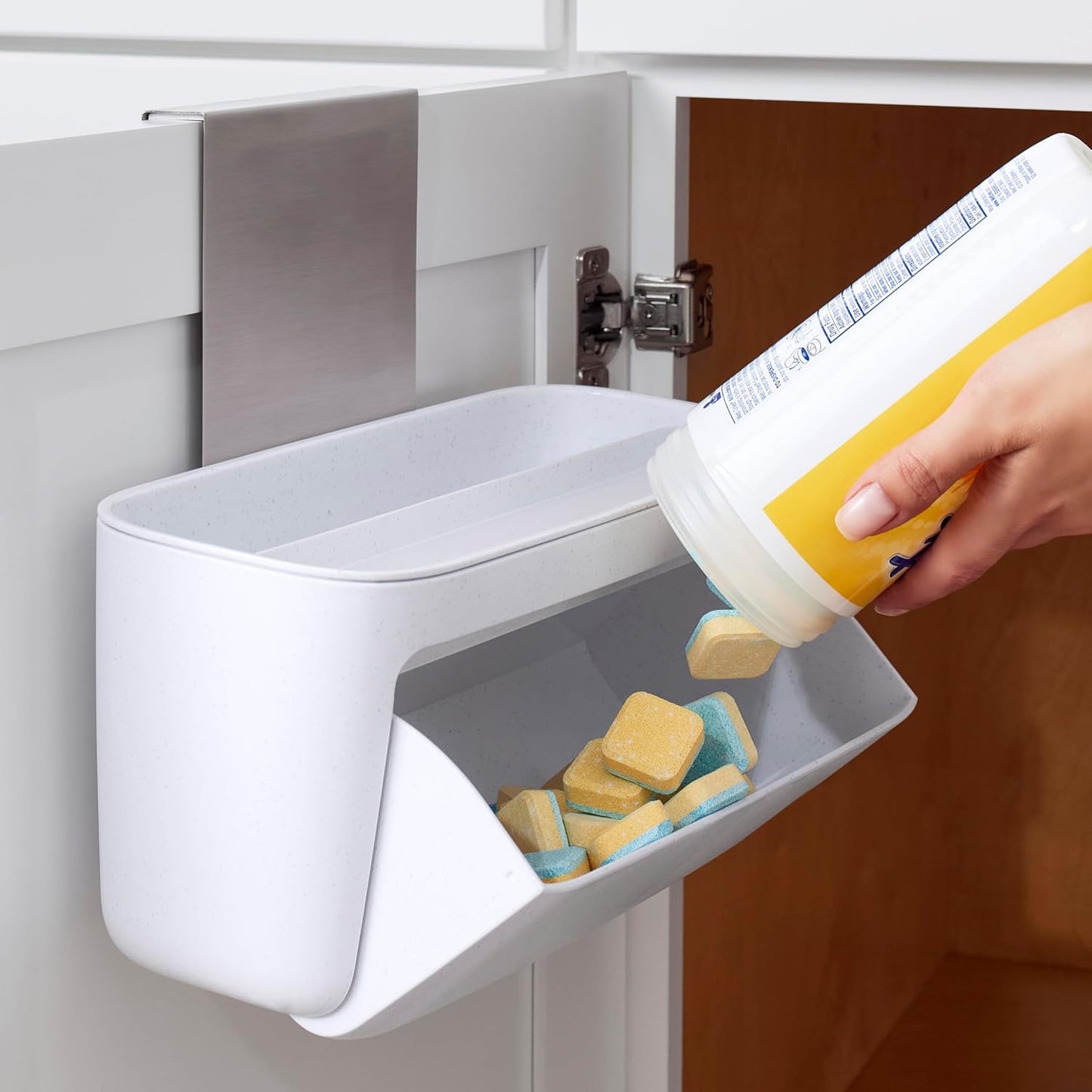YouCopia DoorStash™ Dishwasher Pod Holder with Lid, Hanging Storage Container for Detergent, Speckled White