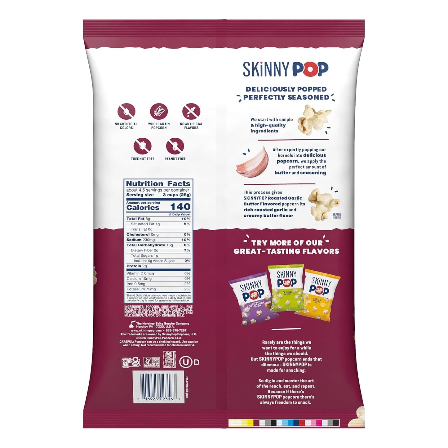 SkinnyPop Roasted Garlic Butter Popcorn, Whole Grain Gluten-Free Snack, 4.4 oz Bag