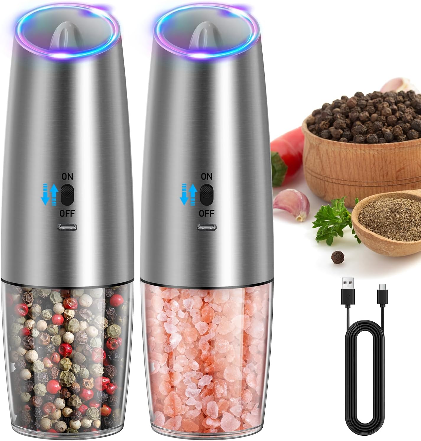 CIRCLE JOY Gravity Electric Salt and Pepper Grinder Set – Automatic LED Light Salt & Pepper Mills