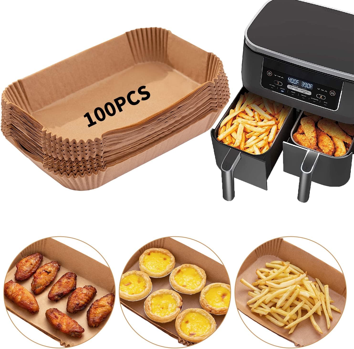 Air Fryer Disposable Paper Liner, 100PCS Food Grade Parchment Liners for Ninja DZ201,Ninja Foodi Dual Air Fryer Accessories Baking Paper (9 * 6, Natural)