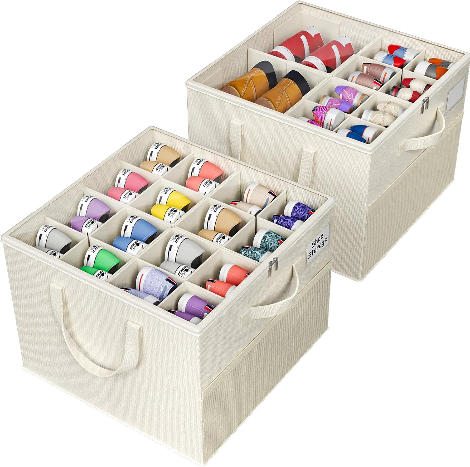 2 Pack Shoe Organizer for Closet, Large Shoe Box Storage Containers, Foldable Shoe Storage Organizer Box Bin with Adjustable Dividers and Clear Cover, Space Saving Shoes Holder, Beige