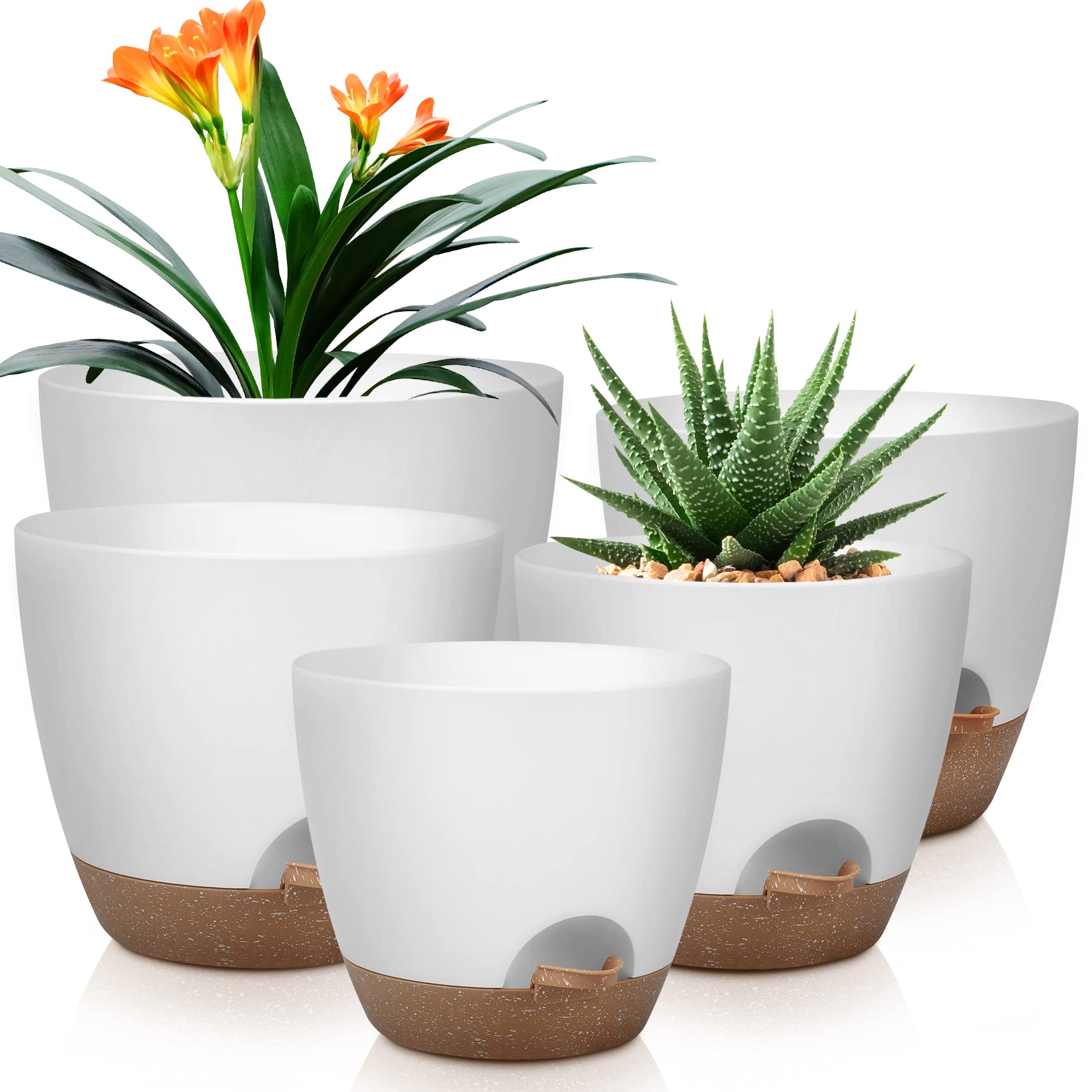 Plant Pots 10/9/8/7.5/7 Inch Self Watering Pots, Set of 5 Plastic Planters with Drainage Holes and Saucers,Plastic Flower Pots,Nursery Planting Pot for Indoor Out Door Plants（White）