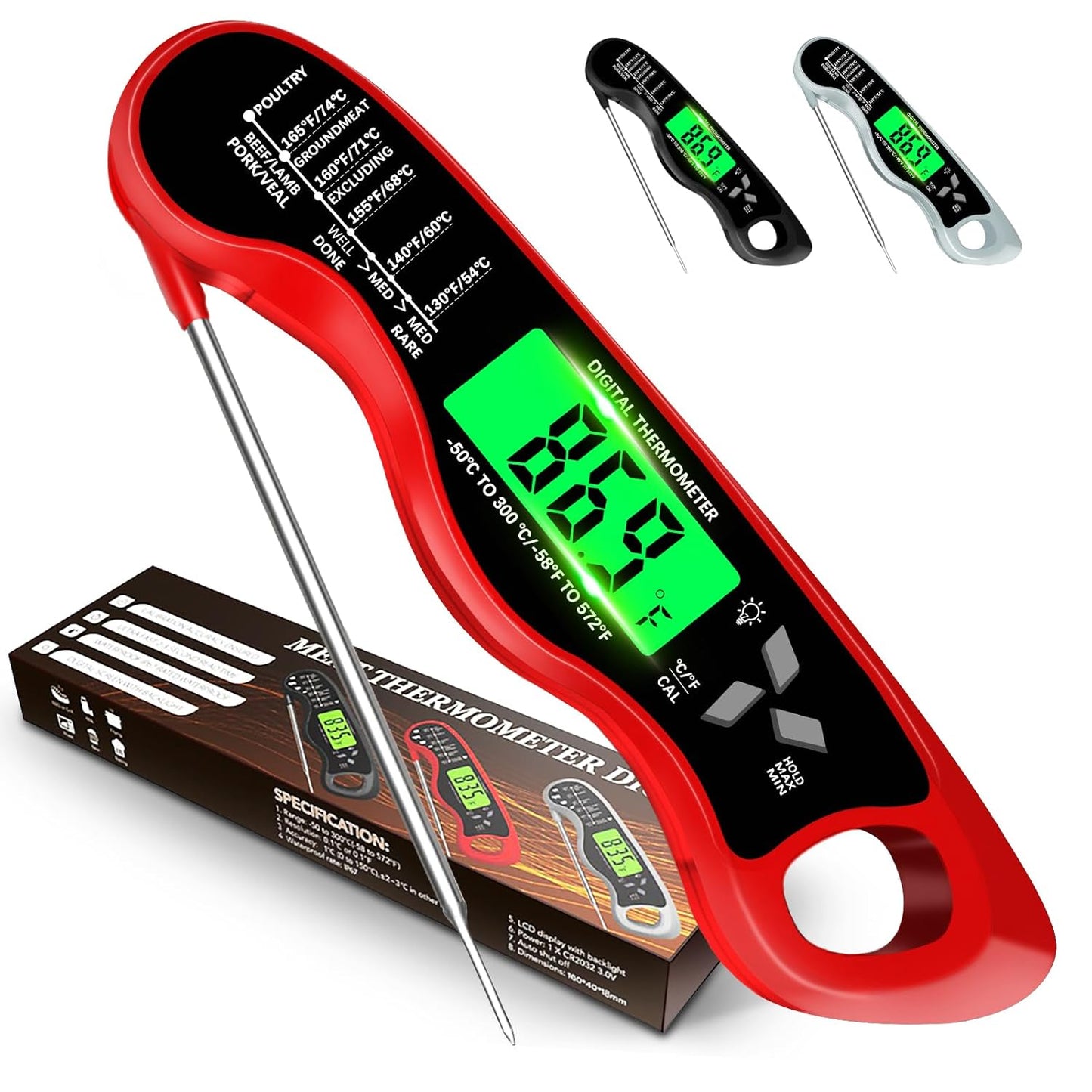 Meat Thermometer Digital，IP67 Waterproof Cooking Thermometer with Backlight, Calibration & Hold Function，Food Thermometer for Cooking,Outdoor Grilling，Suitable as Stocking Stuffers for Men