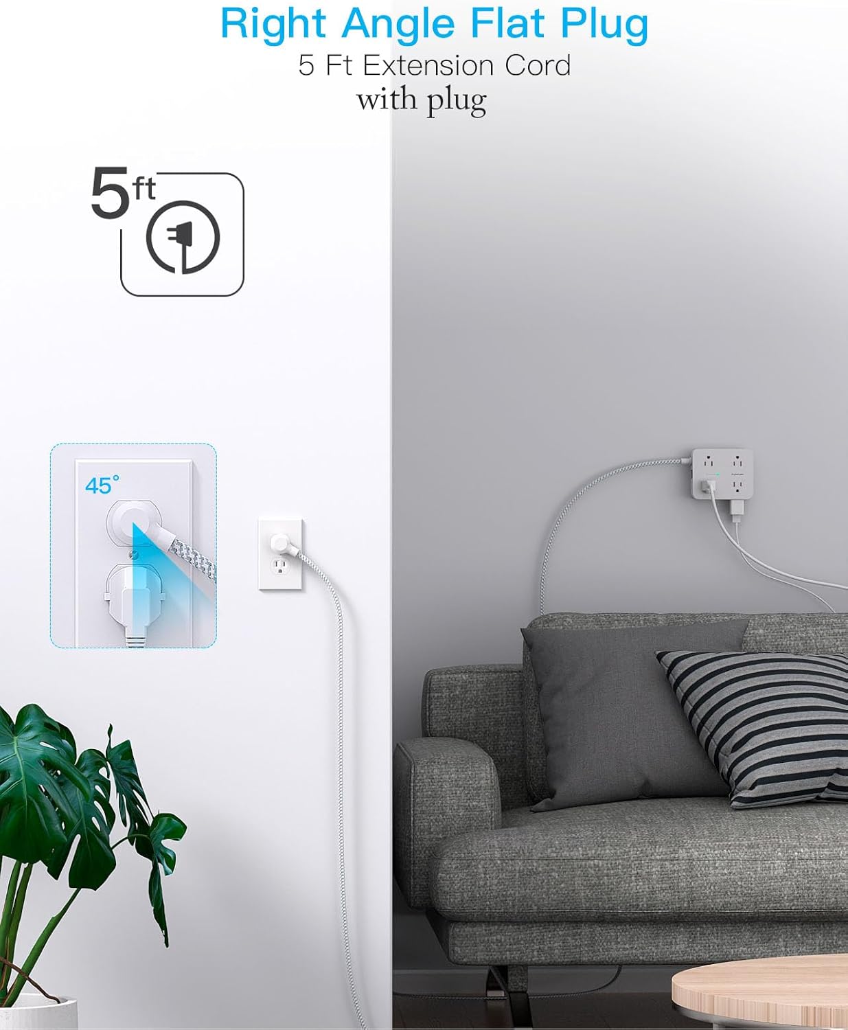 Surge Protector Power Strip - HANYCONY 8 Outlets 4 USB (2 USB C) Charging Ports, Multi Plug Outlet Extender, 5Ft Braided Extension Cord, Flat Plug Wall Mount Desk Charging Station for Home Office ETL