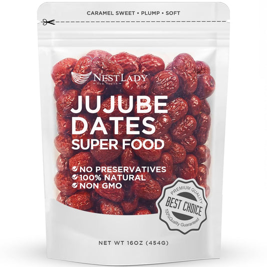 NESTLADY Premium Jujube Date, Red Date (Hong Zao), 100% Natural, Improve sleep, Health Snack, Dried Fruit, Sweet and Chewy Net weight: 454g (1LB),Packed in USA