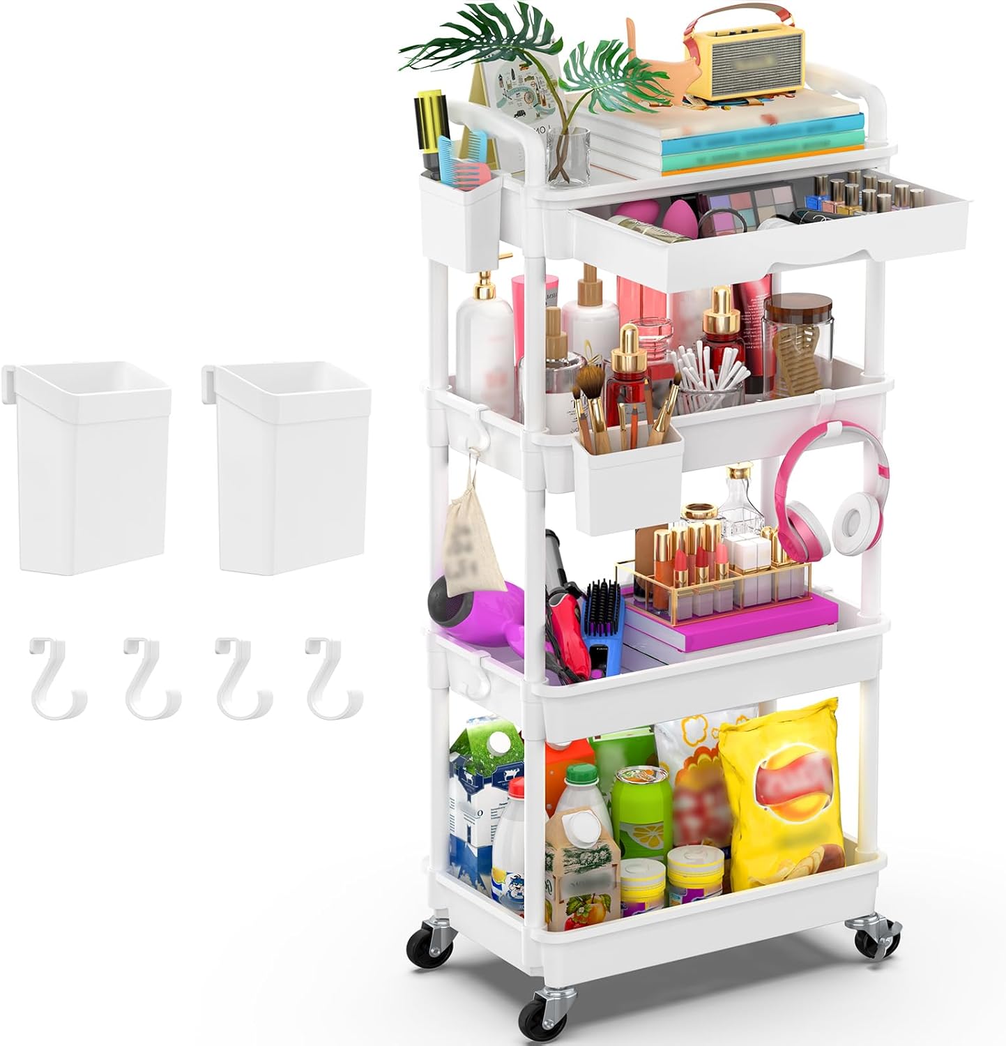 Goovilla 3 Tier Rolling Utility Cart Organizer with Removable Drawer, Stable and Sturdy Black Rolling Storage Carts with 2 Lockable Wheels for Bathroom, Kitchen, Snack, Craft, Makeup, Baby Essentials