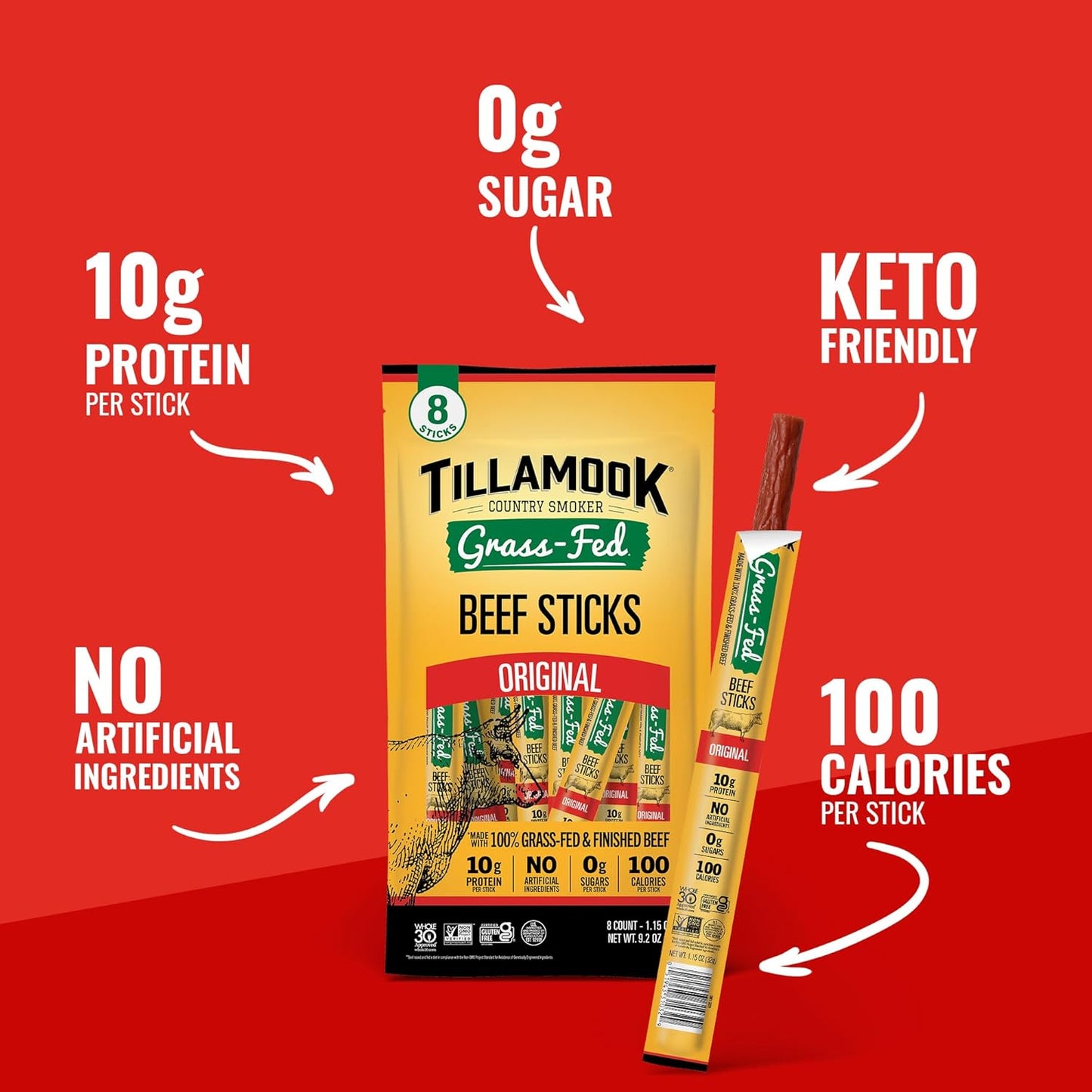 Tillamook Country Smoker 100% Grass Fed Beef Sticks, Zero Sugar, Original, 1.15 Ounce, 8 Pack, Non-GMO Clean Meat Snacks, 10g High Protein Per Stick, Gluten Free Keto Snack, Individually Wrapped