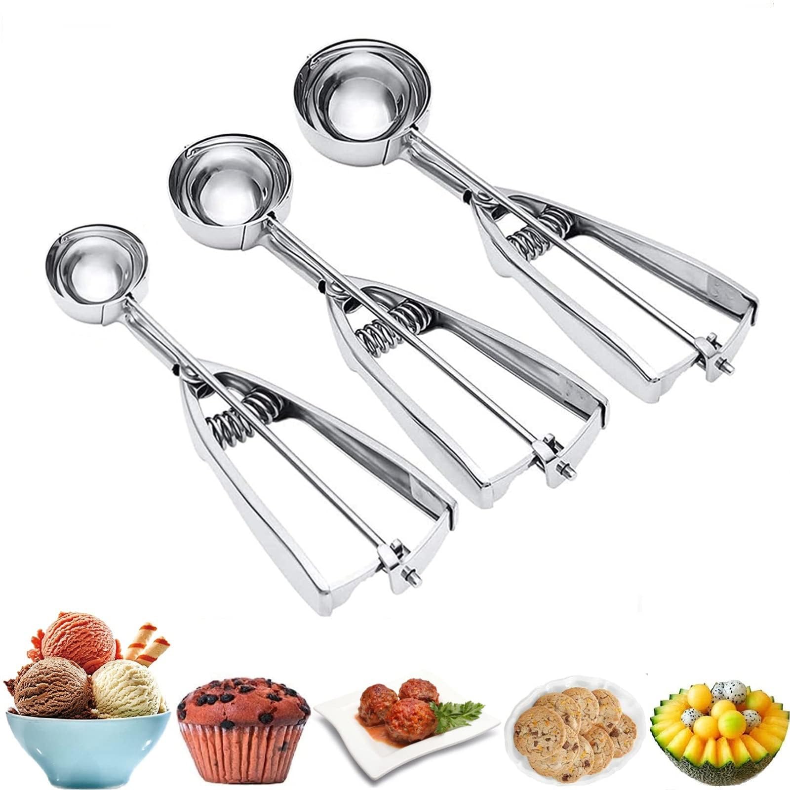 Ice Cream Scoop, 3Pcs Cookie Scoop Set, Stainless Steel Ice Cream Scooper with Trigger Release, Large/Medium/Small Cookie Scooper for Baking, Cookie Scoops for Baking Set of 3 with Cookie Dough Scoop…