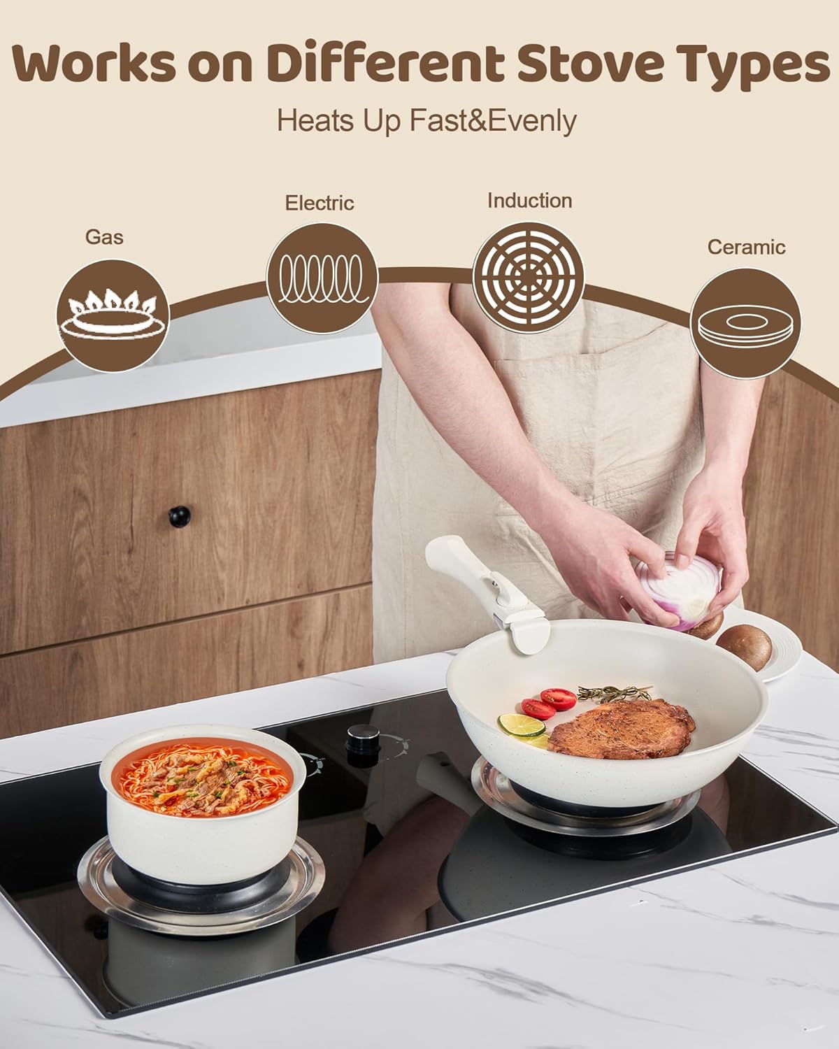 11Pcs Non Stick Pots and Pans Set | Ceramic Cookware Set with Detachable Handle | PFAS-Free, Oven & Induction Safe (White)