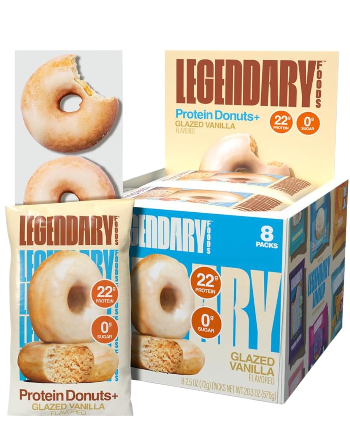 Legendary Foods Protein Donuts - 22g Protein, Glazed Vanilla, Zero Sugar Snack, Gluten Conscious, Low Carb, Keto Suitable, Diabetic and GLP-1 Diets - 8 Pack with Two Donuts per pack