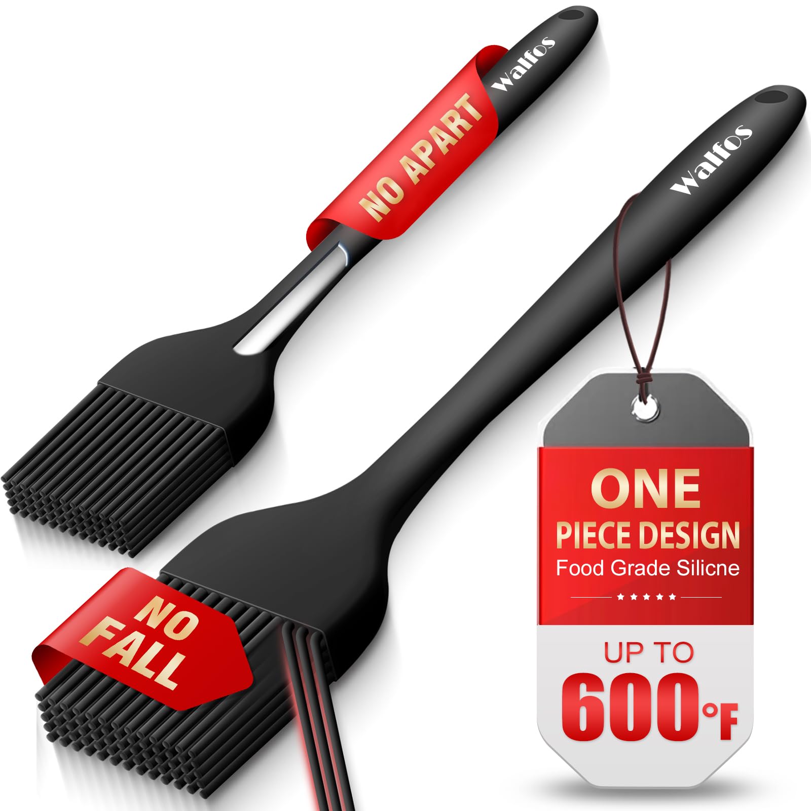 Walfos 600°F Heat Resistant Silicone Basting Brushes BPA Free Pastry Brush, Spread Oil Butter Sauce for BBQ Grill Baking Kitchen Cooking, Dishwasher Safe (2 SIZE)