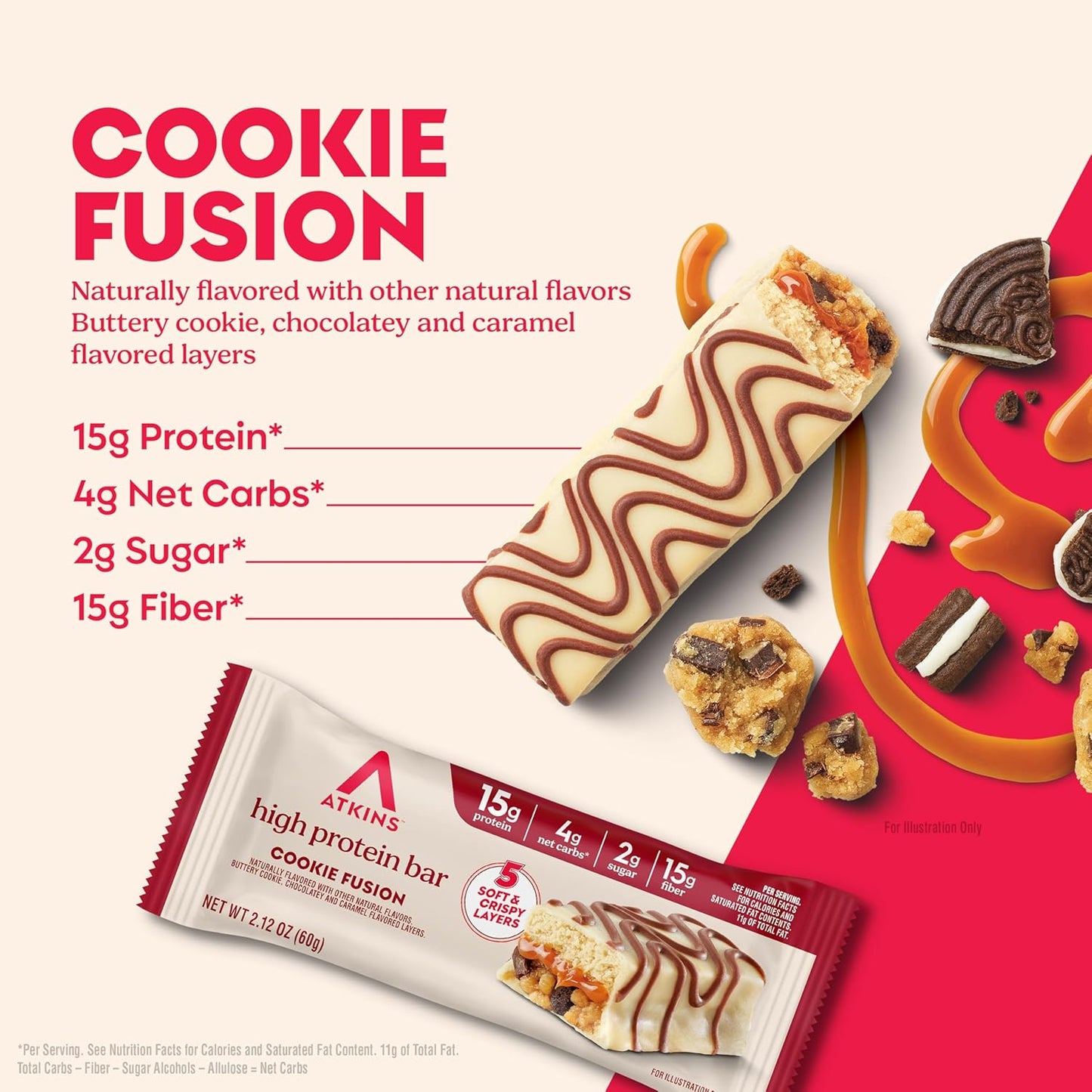 Atkins High Protein Bars, Cookie Fusion Flavor, 15g of Protein, 4g Net Carbs, Keto Protein Bars, Low Sugar, 4 Count
