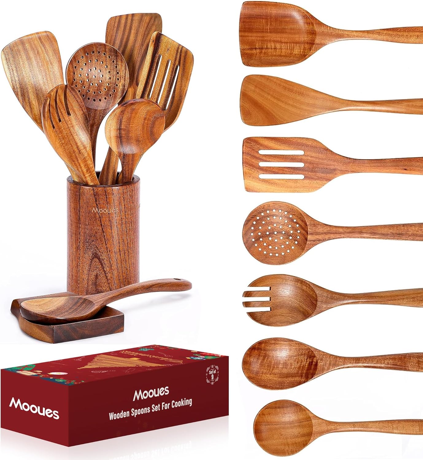 9‑Piece Natural Teak Wooden Kitchen Utensil Set with Spoon Rest and Holder