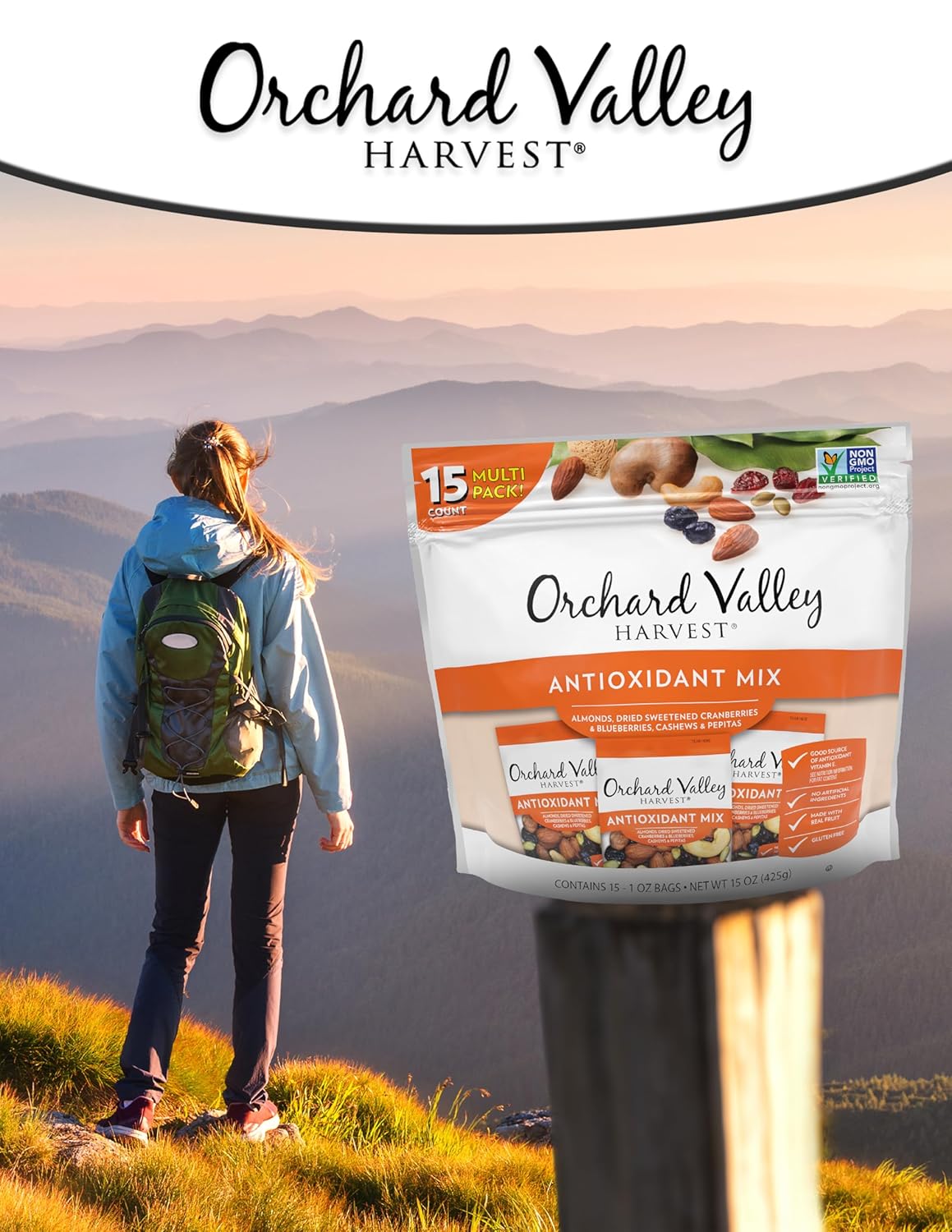 Orchard Valley Harvest Antioxidant Mix, 1 Ounce Bags (Pack of 15), Almonds, Cranberries, Blueberries, Cashews, and Pepitas, Non-GMO, No Artificial Ingredients, Healthy Snacks for Adults