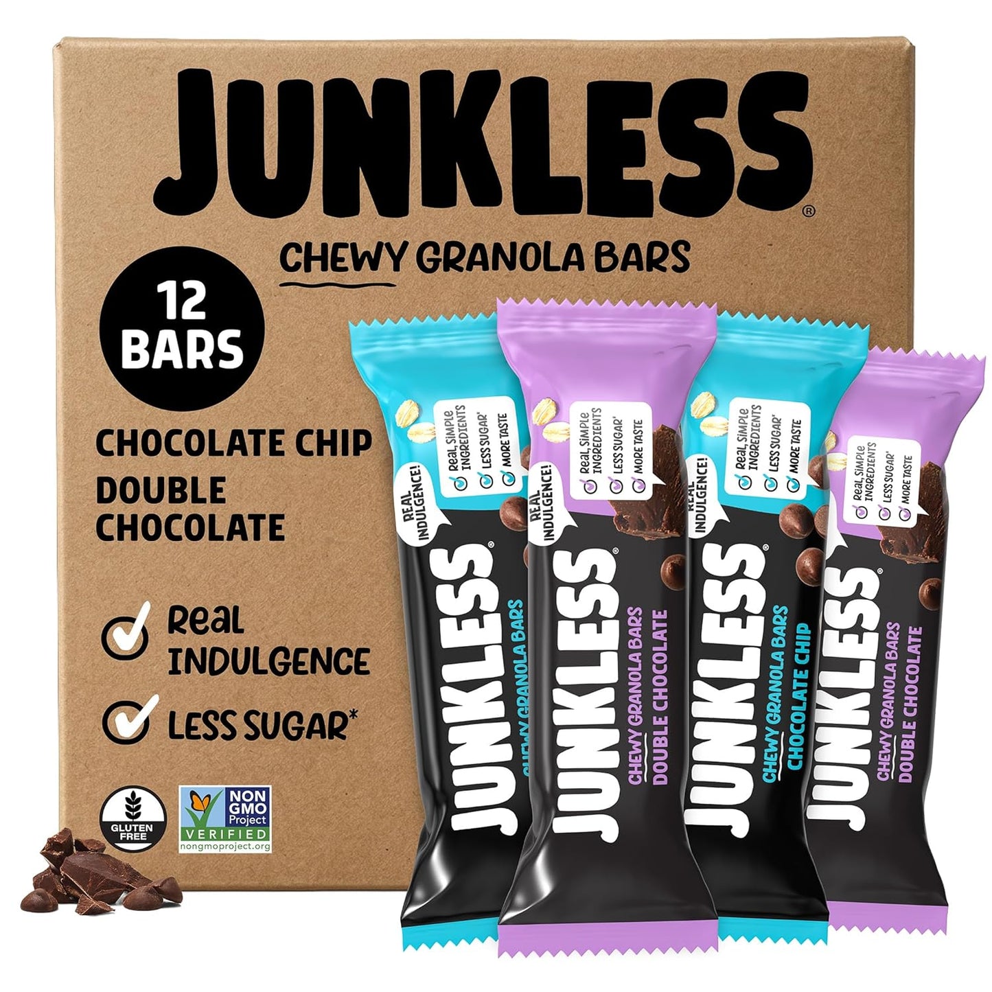 JUNKLESS Classic Chewy Granola Bars - Bulk Variety Pack, Gluten-Free, Non-GMO, Lower Sugar, Healthy Snacks for Kids & Adults, 4 Boxes (24 Bars)