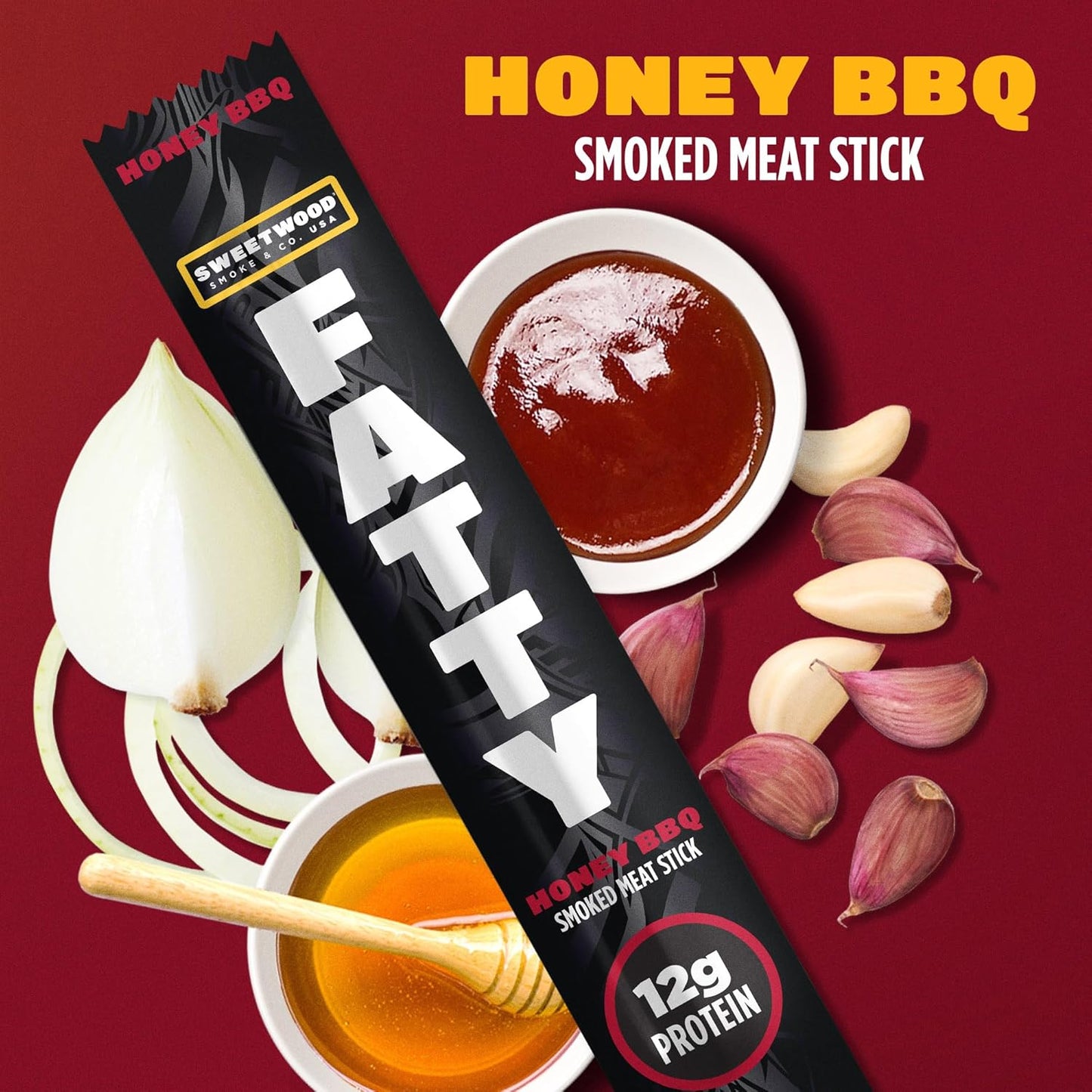 FATTY Meat Sticks, Made with Grass Fed Beef, Pork Raised Without Antibiotics, 12g Protein Per Stick, Honey BBQ, 2 oz. (Pack of 5)