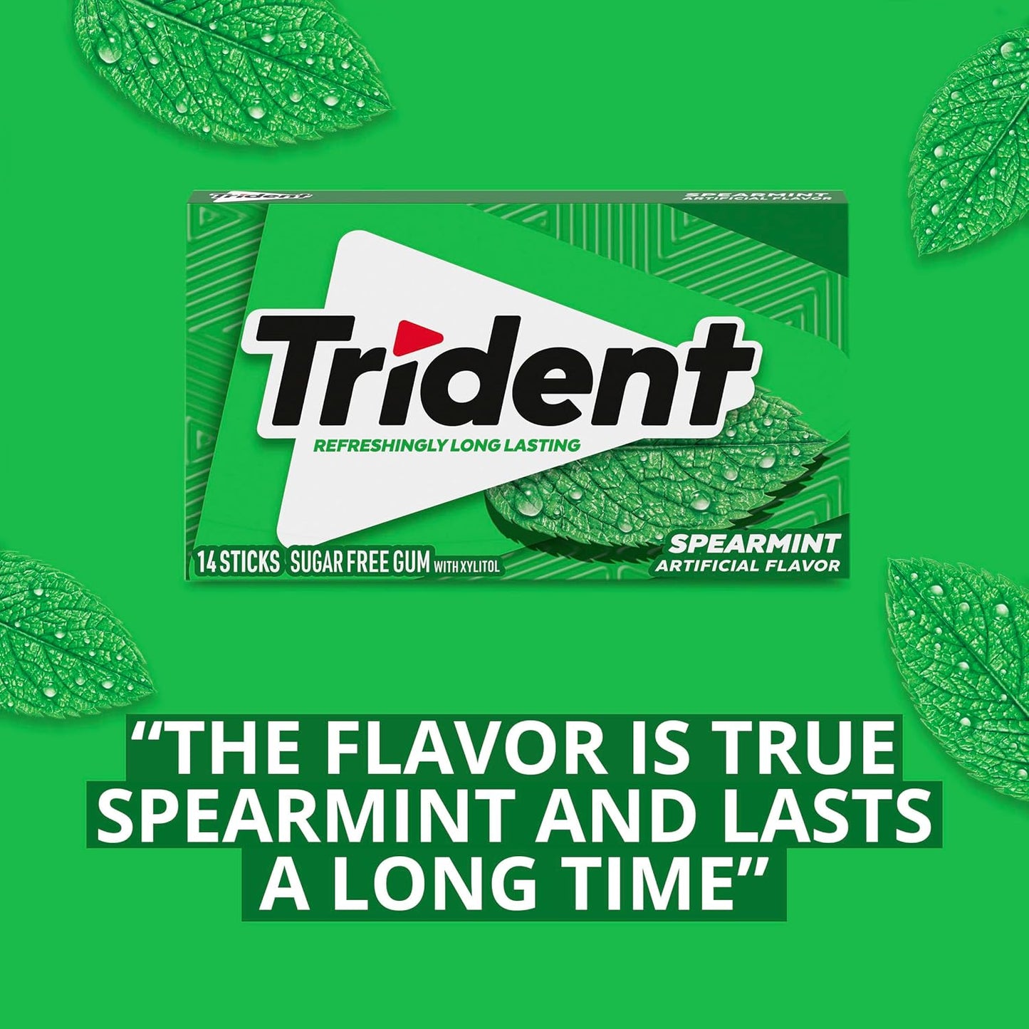 trident spearmint sugar-free chewing gum, 12 packs of 14 pieces, 168 total pieces, bulk sugarless gum