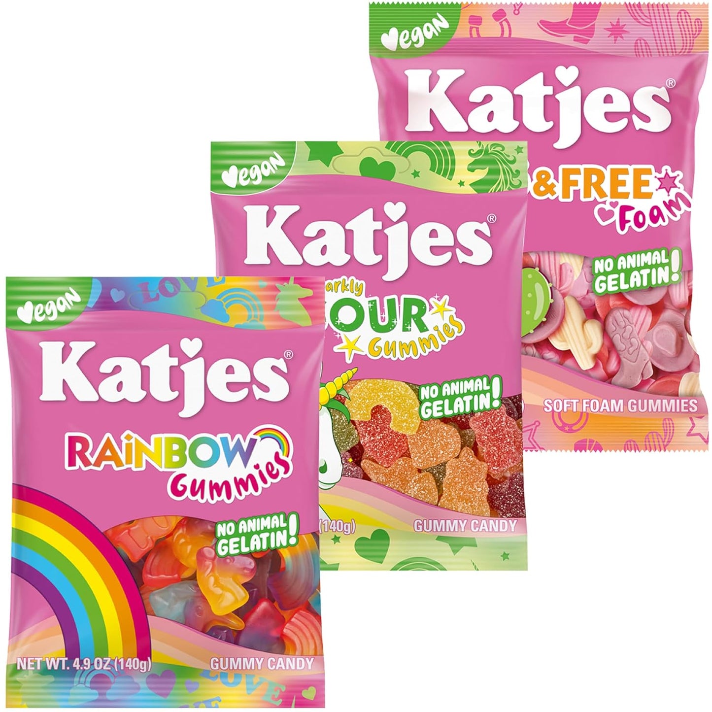 Katjes Vegan Gummy Candy Assortment, 4.9 oz Bags, 4 Flavor Pack - Rainbow Sour Wild Free Cosmic Visions Chewy Gummies – Gelatin-Free, Plant Based Sweet Fruity Snacks